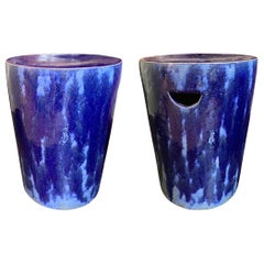 Cobalt Blue Ceramic Glazed Round Pair of Garden Stools, China, Contemporary