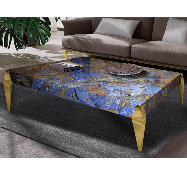 Cobalt blue Coffee Table Marbled Scagliola Decoration Gold Leaf Wooden