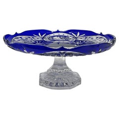 Cobalt blue cut Bohemian crystal plate on foot decorated with birds