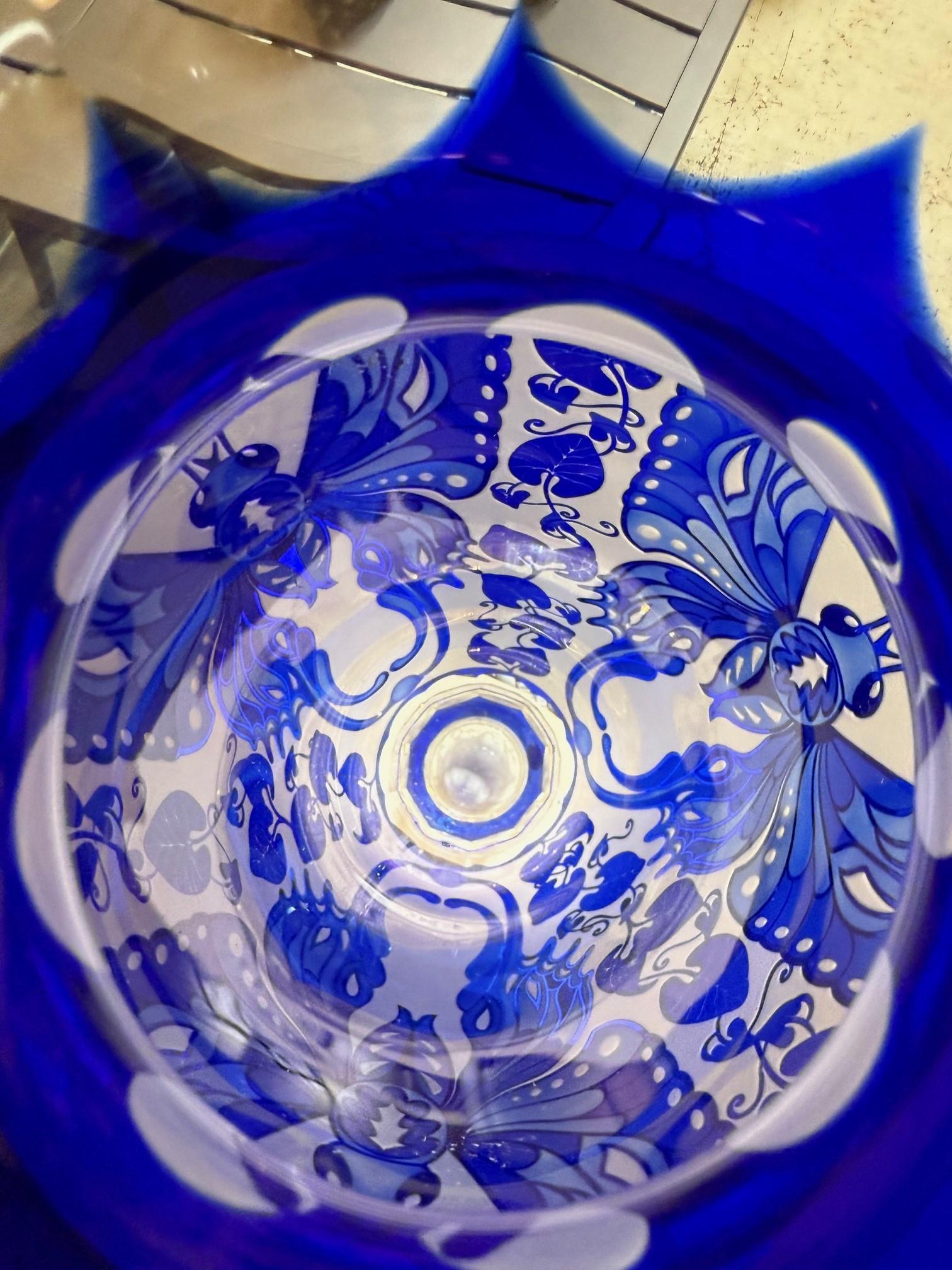 Cobalt Blue Cut Crystal Butterfly Vase Hand Made Ingrid Czech Republic For Sale 6
