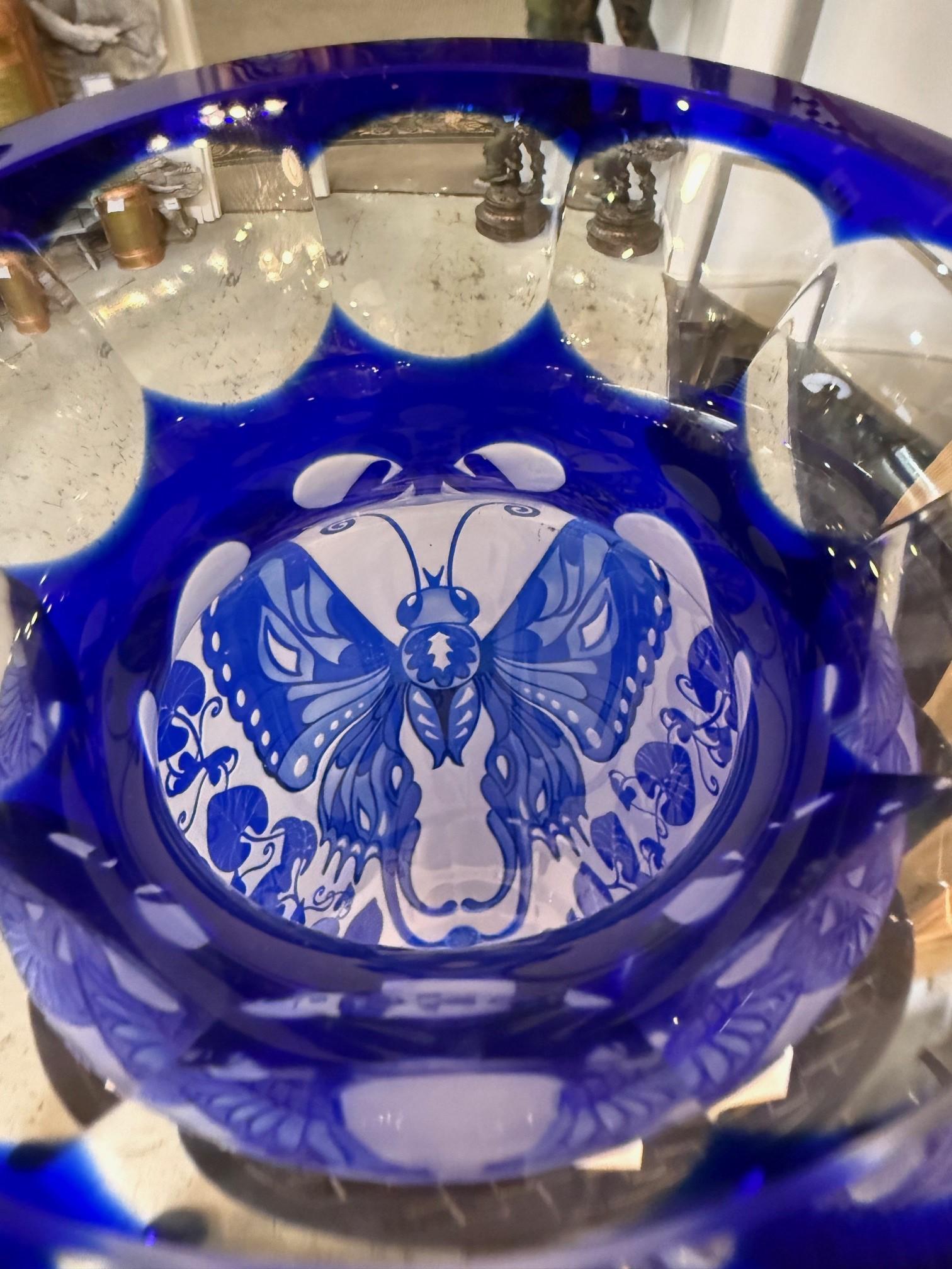 Cobalt Blue Cut Crystal Butterfly Vase Hand Made Ingrid Czech Republic For Sale 7