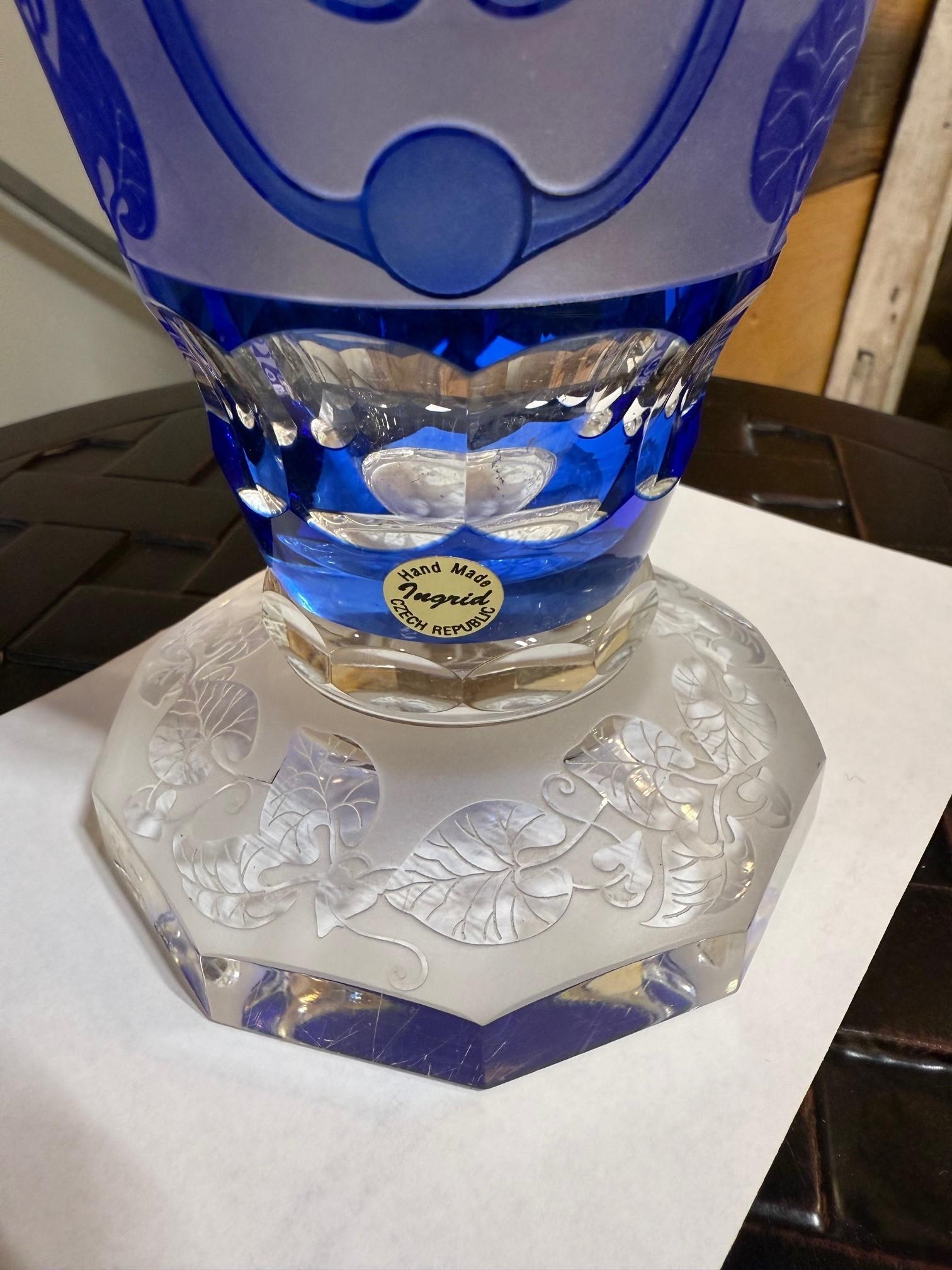 Cobalt Blue Cut Crystal Butterfly Vase Hand Made Ingrid Czech Republic For Sale 8