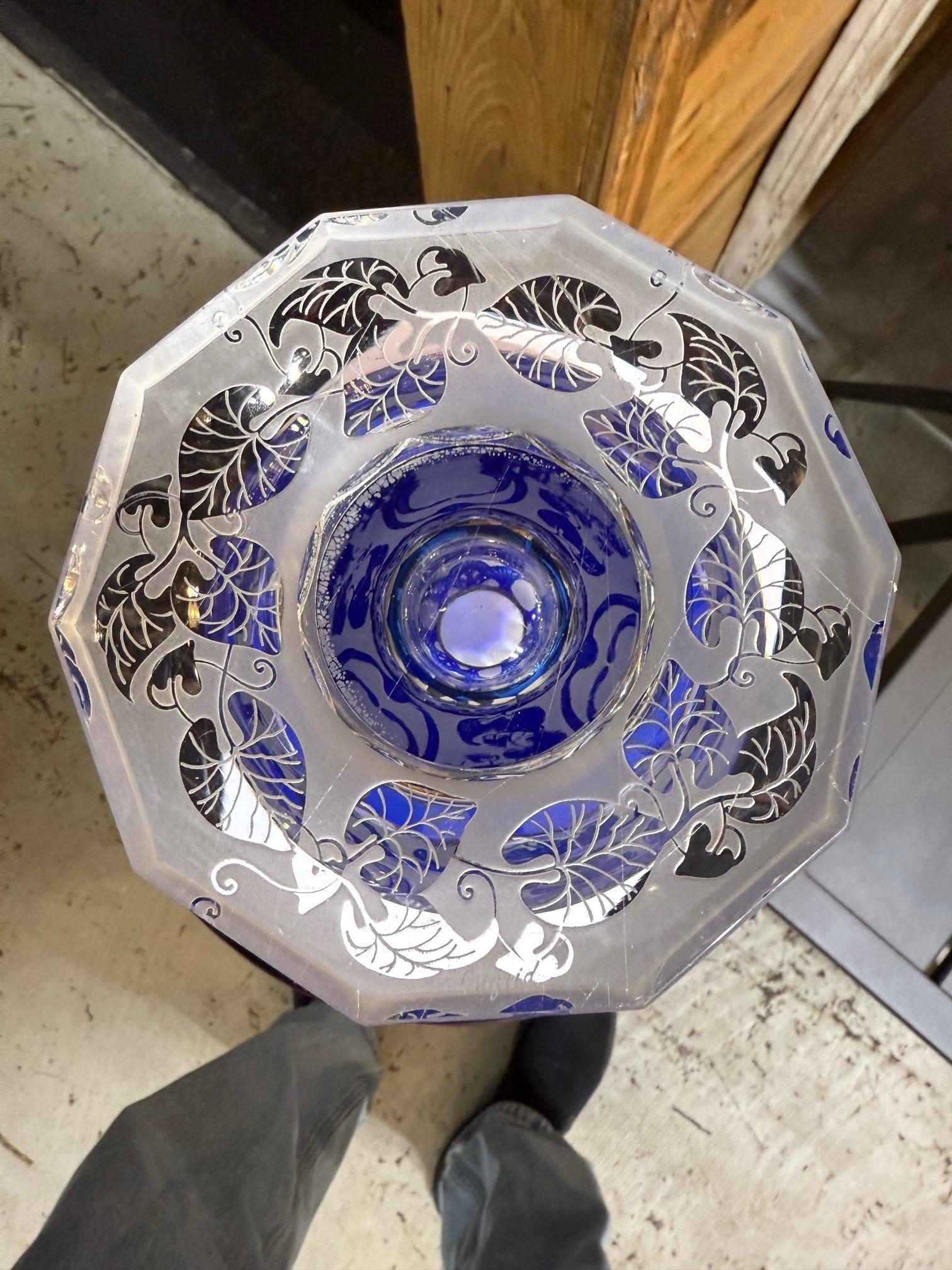 Cobalt Blue Cut Crystal Butterfly Vase Hand Made Ingrid Czech Republic For Sale 9