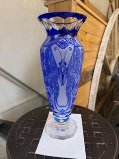 Cobalt Blue Cut Crystal Butterfly Vase Hand Made Ingrid Czech Republic