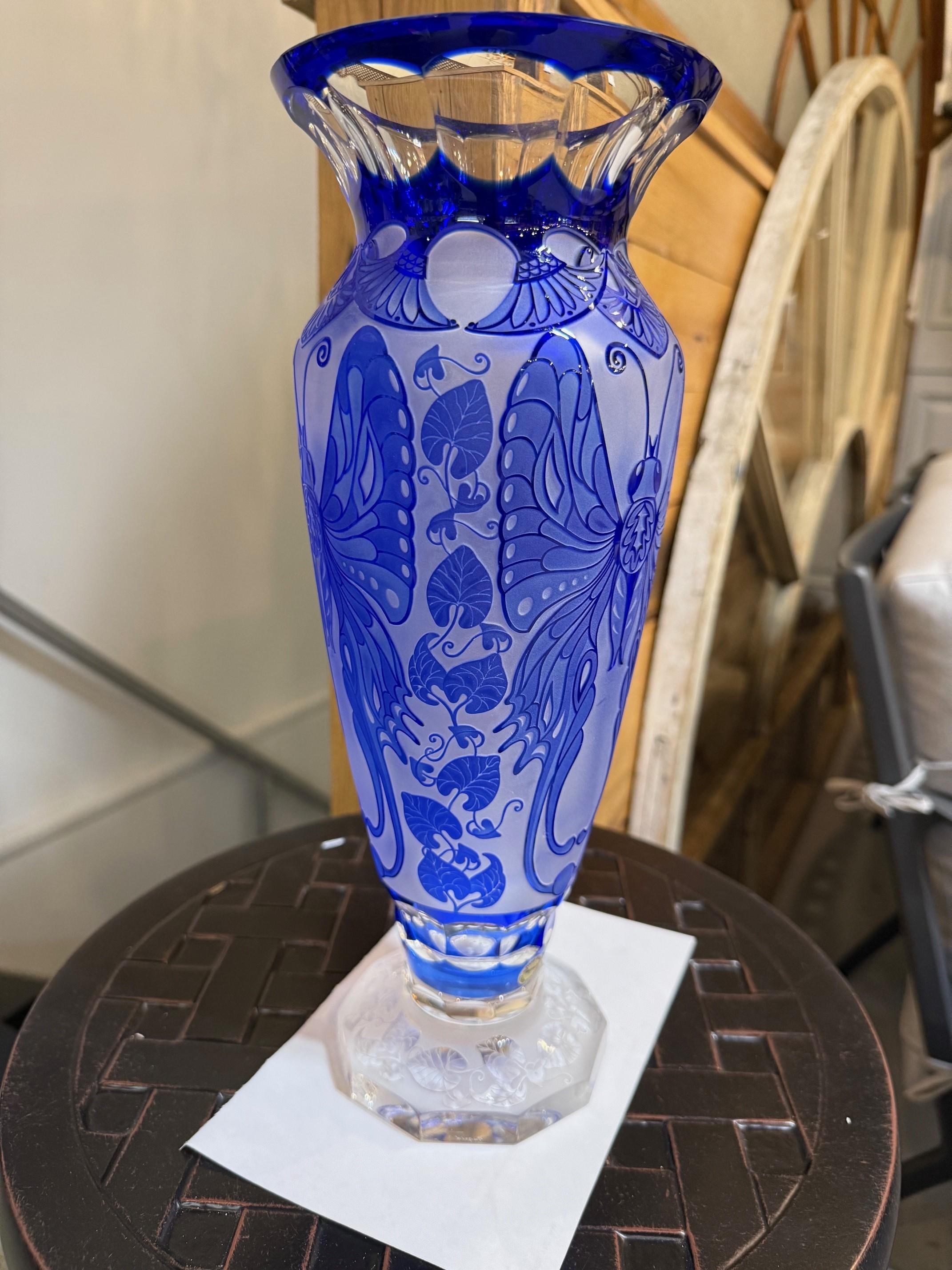 Cobalt Blue Cut Crystal Butterfly Vase Hand Made Ingrid Czech Republic For Sale 2