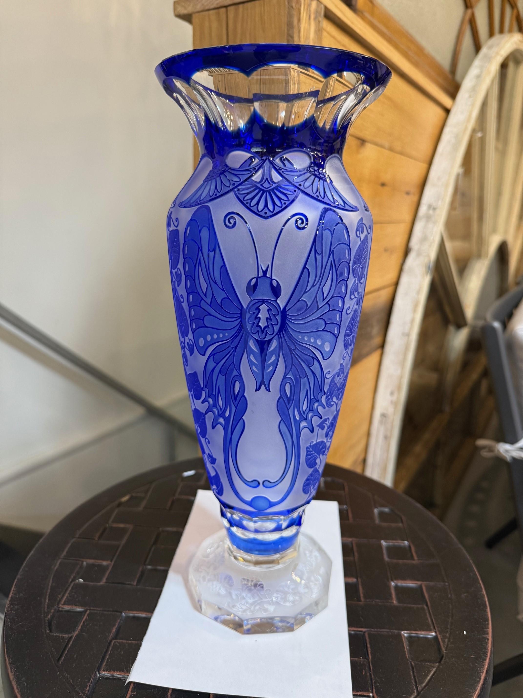 Cobalt Blue Cut Crystal Butterfly Vase Hand Made Ingrid Czech Republic For Sale 3