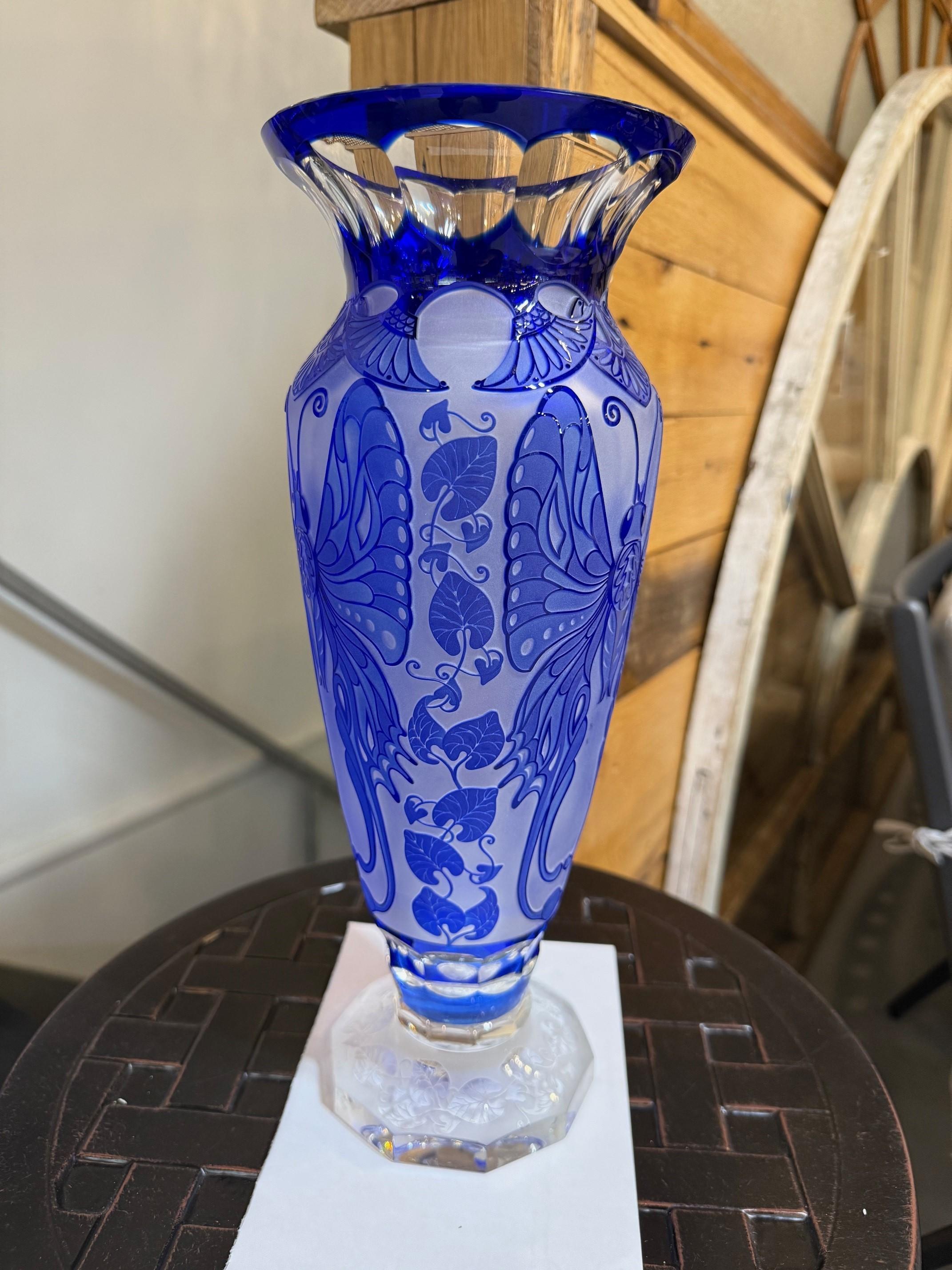 Cobalt Blue Cut Crystal Butterfly Vase Hand Made Ingrid Czech Republic For Sale 4