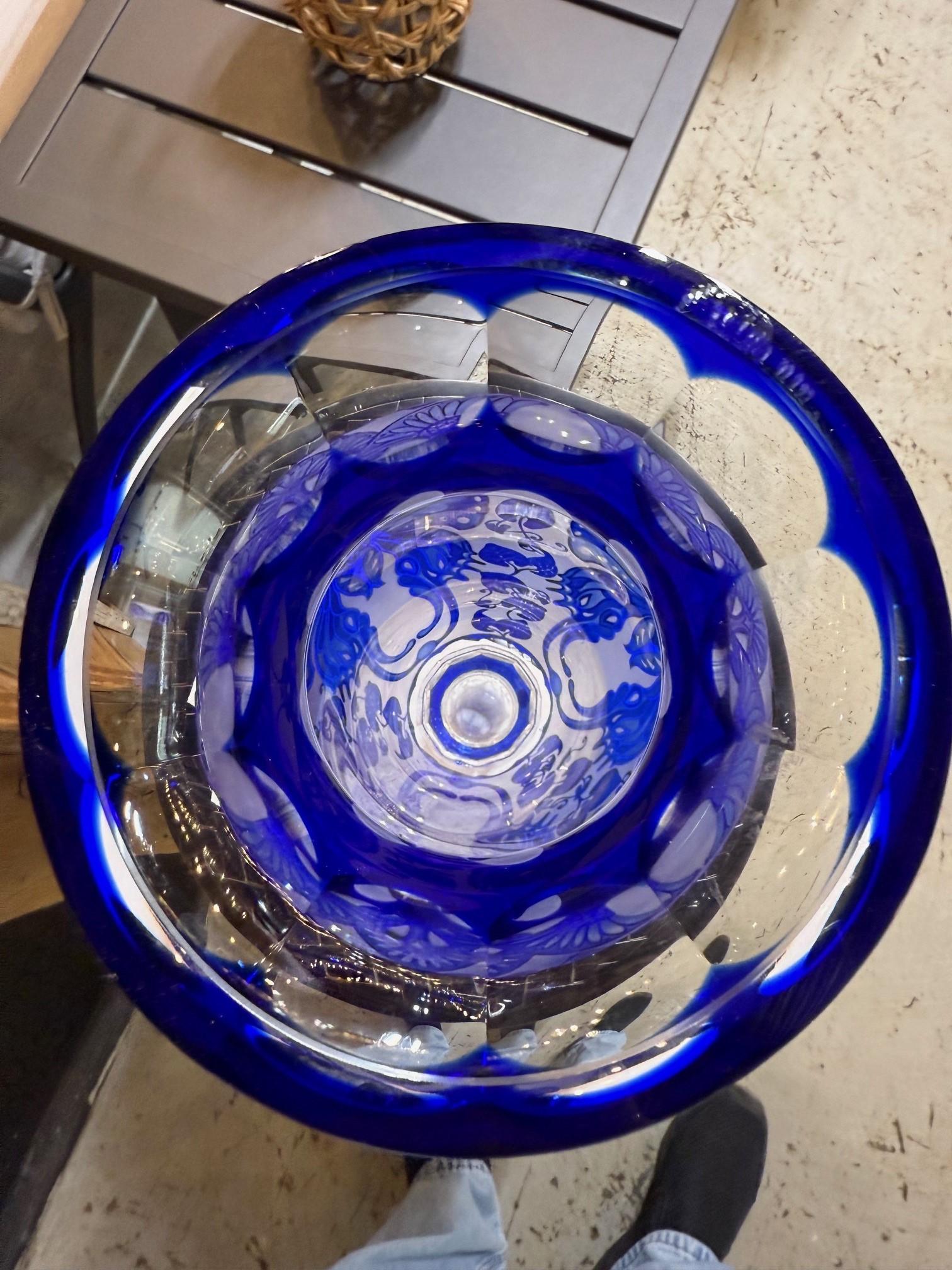 Cobalt Blue Cut Crystal Butterfly Vase Hand Made Ingrid Czech Republic For Sale 5