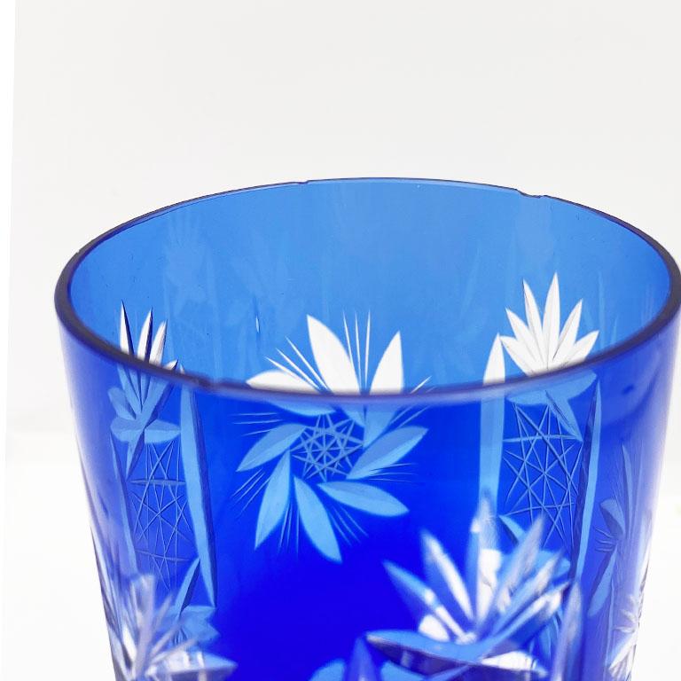 Art Nouveau Cobalt Blue Cut Crystal Pitcher and Tumbler Glassware Set of 5 after Baccarat