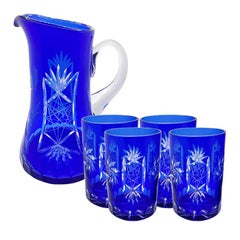 Cobalt Blue Cut Crystal Pitcher and Tumbler Glassware Set of 5 after Baccarat