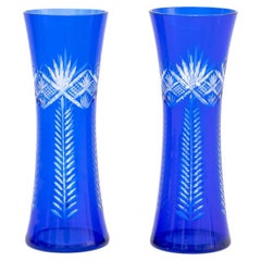 Cobalt Blue Cut Glass Flaring Vases, Pair