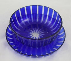 Cobalt Blue Cut Glass Overlay Crystal Bowl on Stand