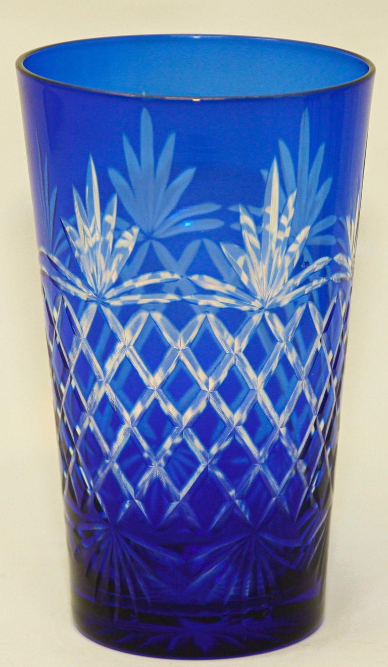 Cobalt Blue Cut to Clear Crystal Drinking Rock Glasses Tumblers Set of