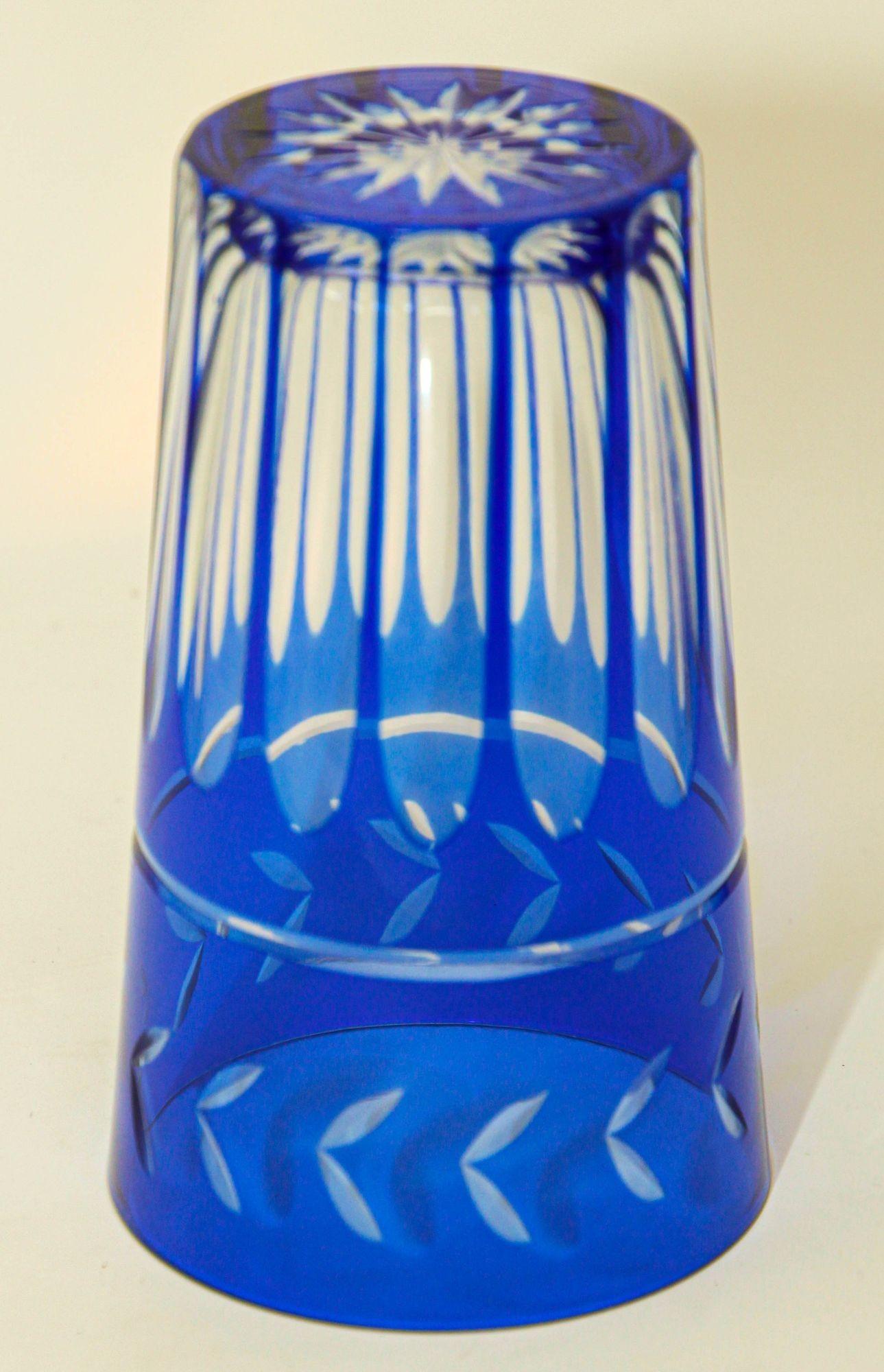 Cobalt Blue Cut to Clear Crystal Drinking Rock Glasses Tumblers Set of 11 For Sale 2