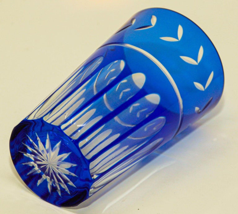 Cobalt Blue Cut to Clear Crystal Drinking Rock Glasses Tumblers Set of