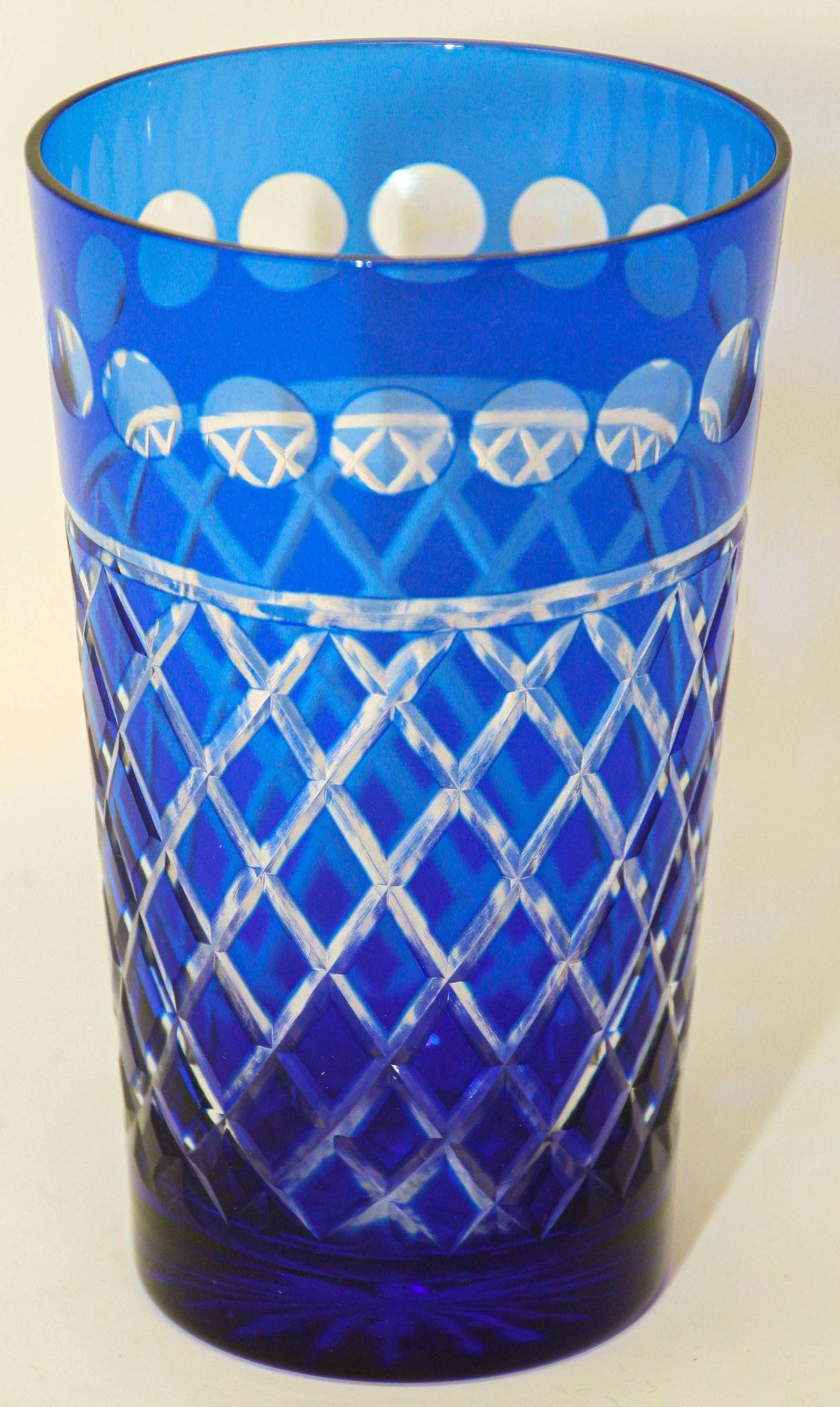 Cobalt Blue Cut to Clear Crystal Drinking Rock Glasses Tumblers Set of 11 For Sale 4