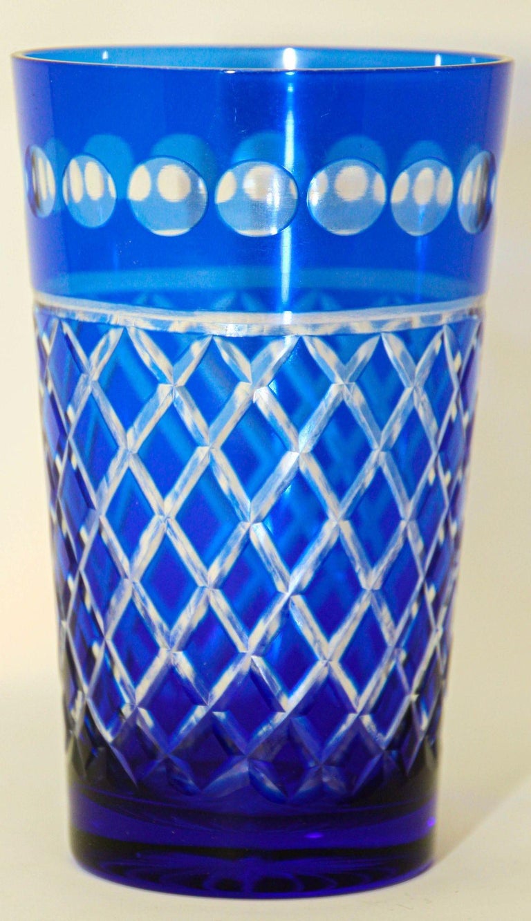 Cobalt Blue Cut to Clear Crystal Drinking Rock Glasses Tumblers Set of