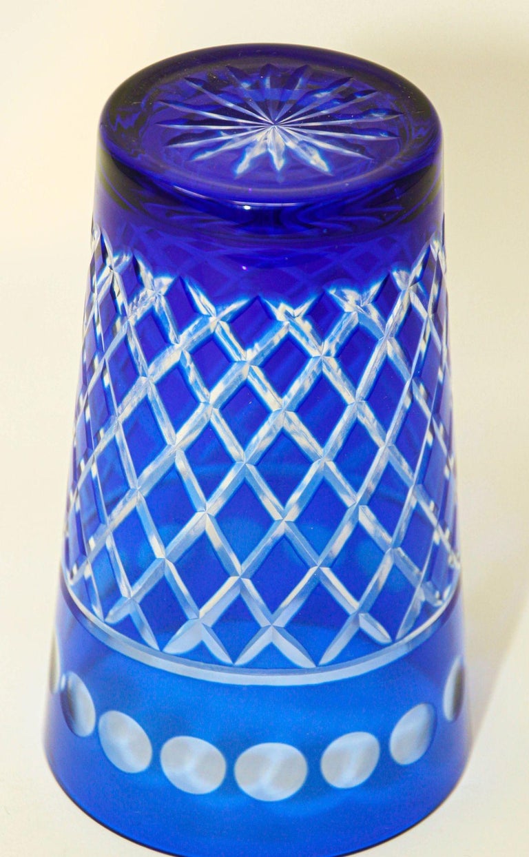 Cobalt Blue Cut to Clear Crystal Drinking Rock Glasses Tumblers Set of