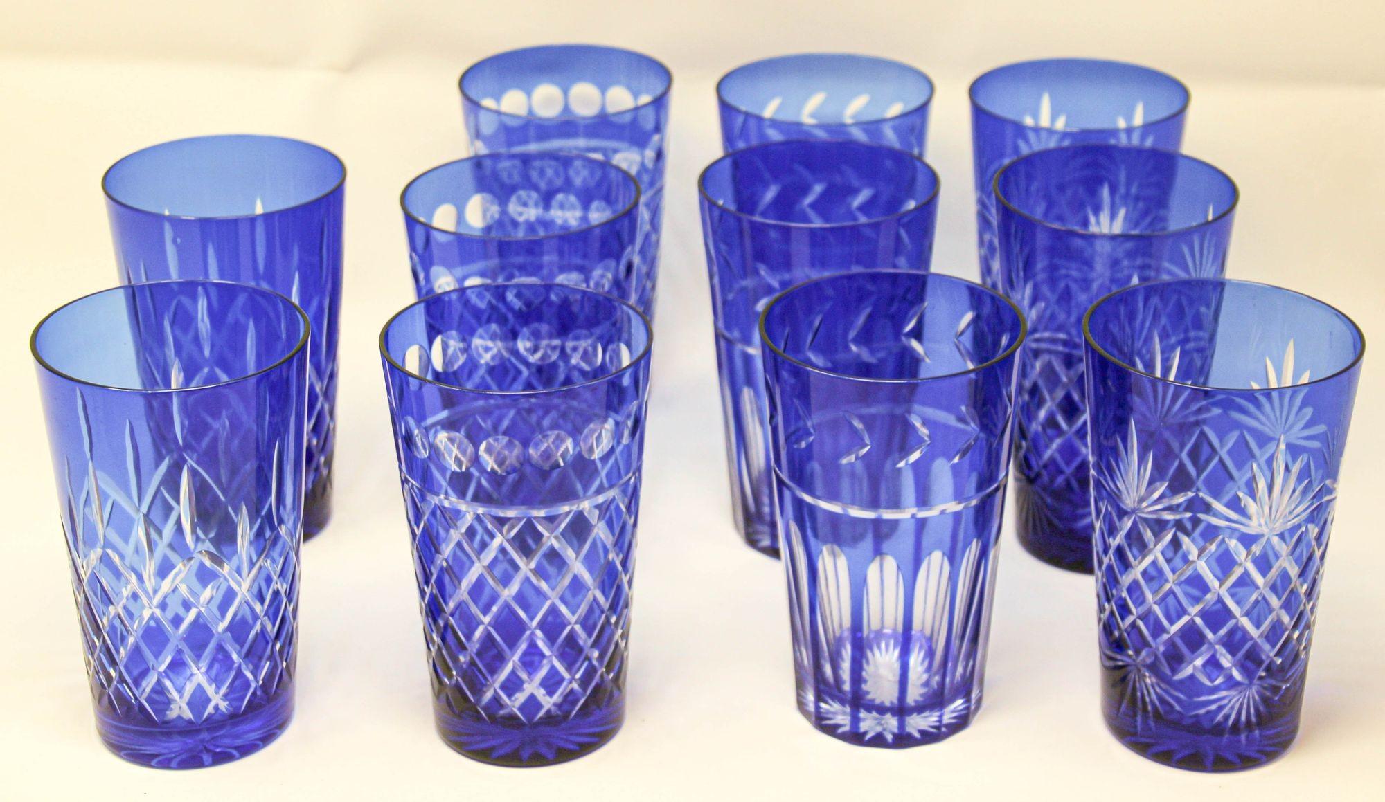 Cobalt Blue Cut to Clear Crystal Drinking Rock Glasses Tumblers Set of 11 For Sale 9