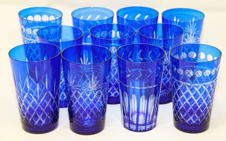 Cobalt Blue Cut to Clear Crystal Drinking Rock Glasses Tumblers