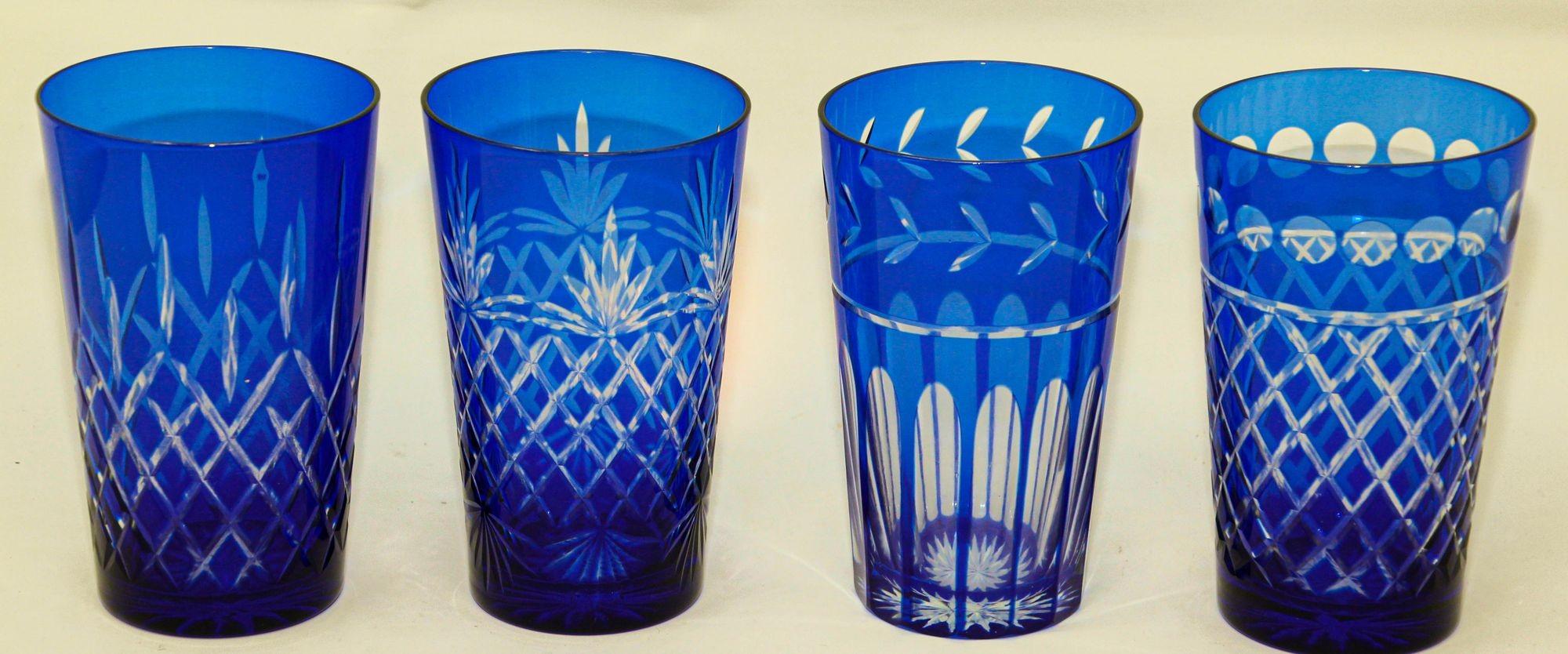 Art Deco Cobalt Blue Cut to Clear Crystal Drinking Rock Glasses Tumblers Set of 11 For Sale