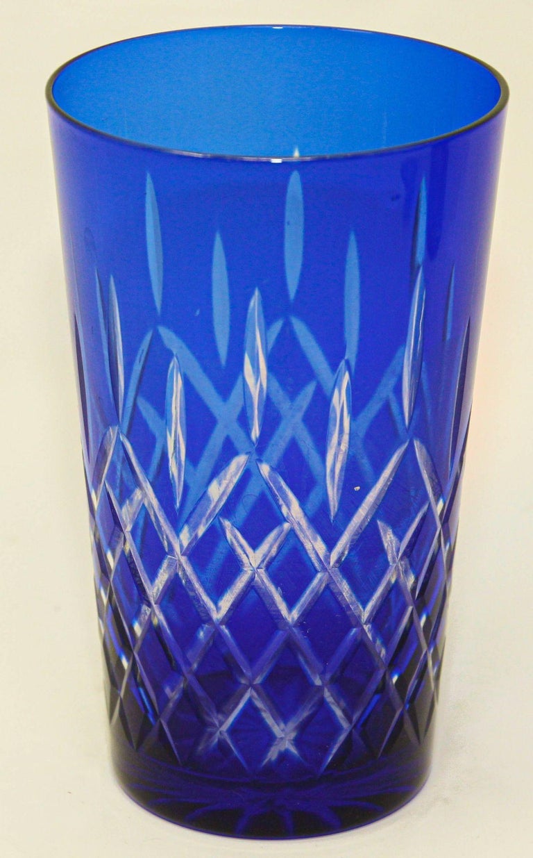 Cobalt Blue Cut to Clear Crystal Drinking Rock Glasses Tumblers Set of