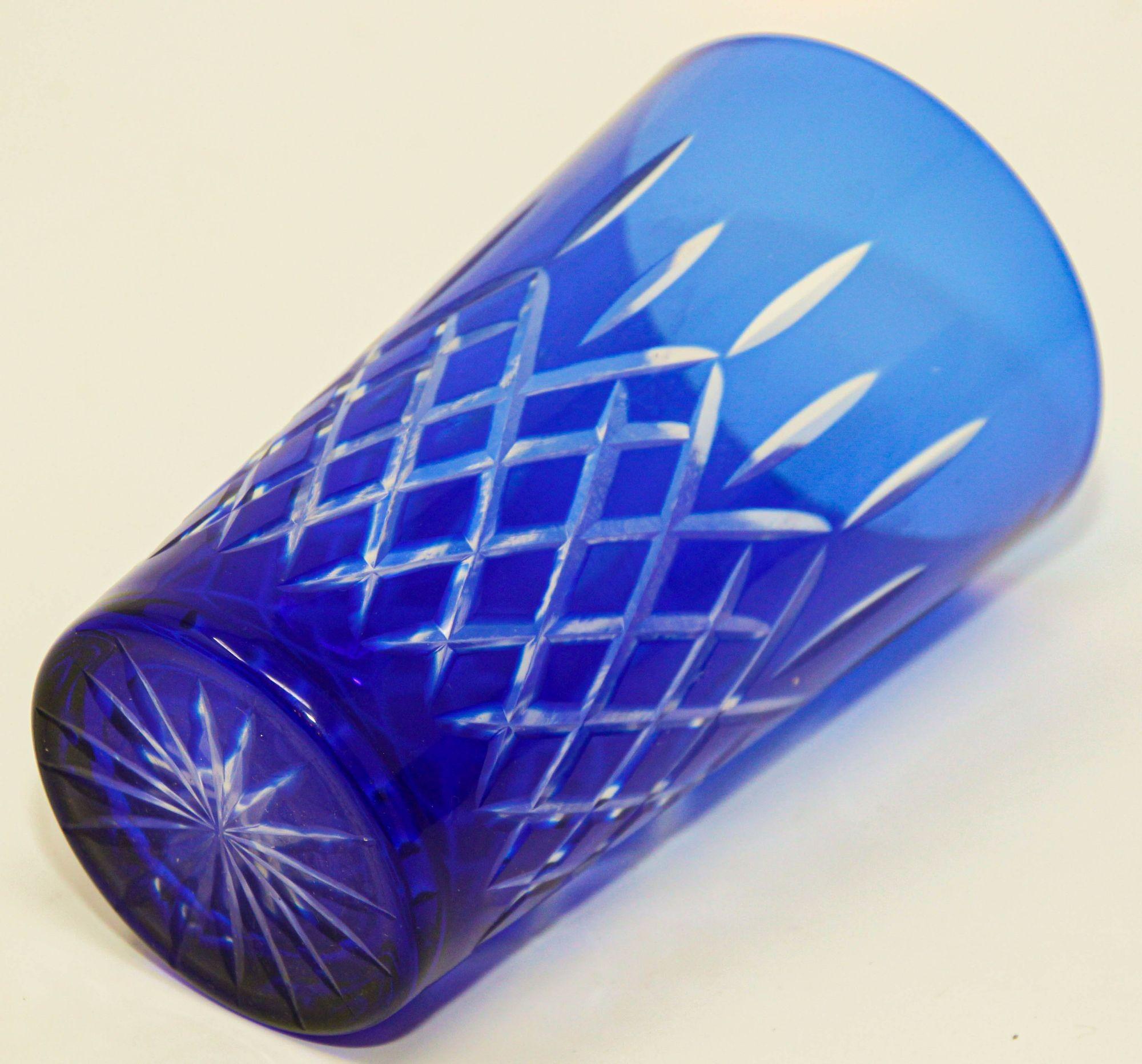 Hand-Crafted Cobalt Blue Cut to Clear Crystal Drinking Rock Glasses Tumblers Set of 11 For Sale