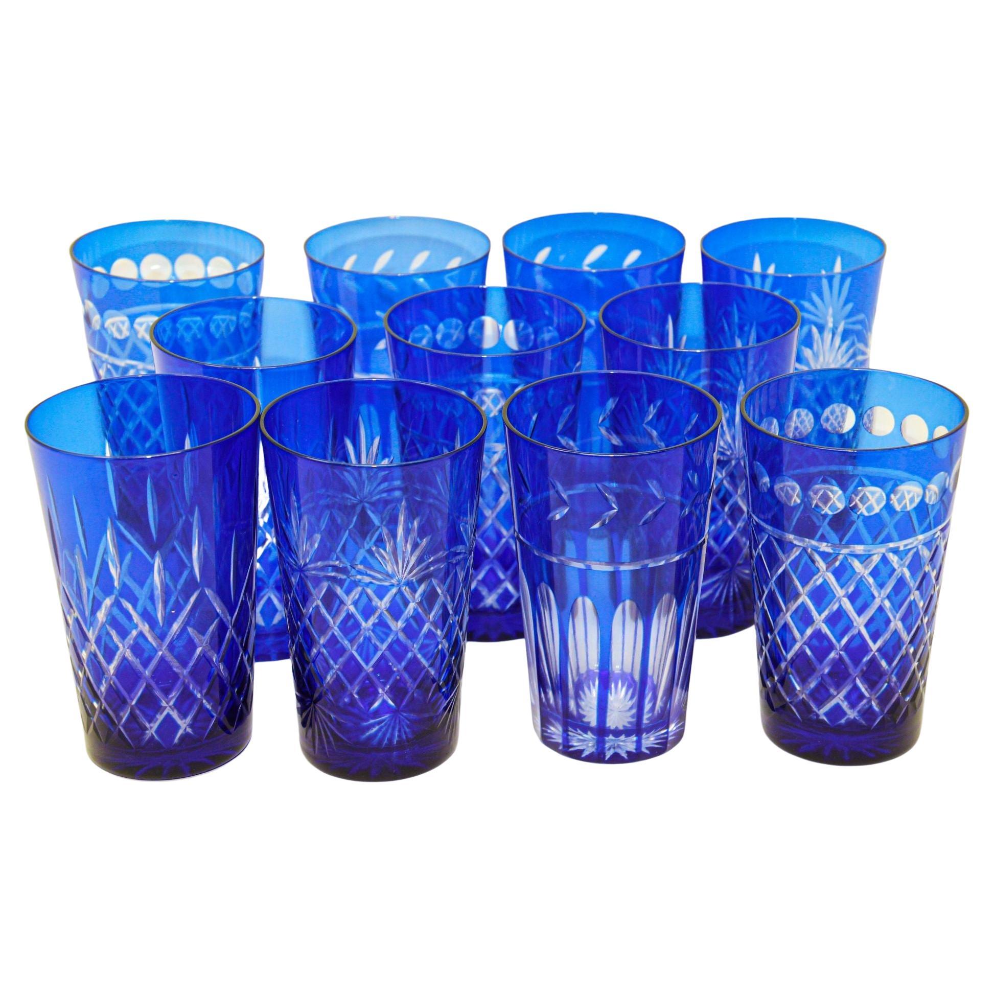 Cobalt Blue Cut to Clear Crystal Drinking Rock Glasses Tumblers Set of 11