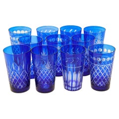 Cobalt Blue Cut to Clear Crystal Drinking Rock Glasses Tumblers Set of 11