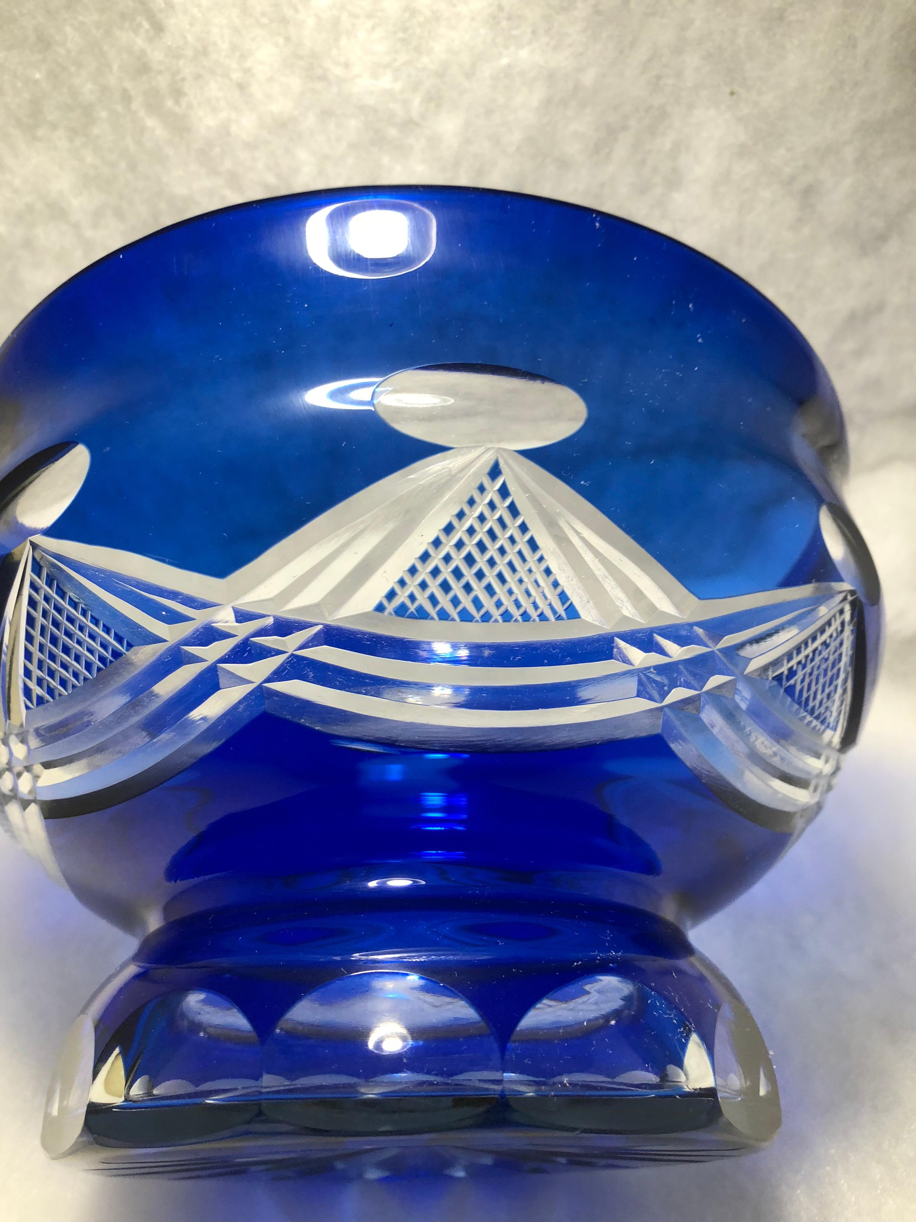 Art Deco Cobalt Blue Cut to Clear Glass Bowl