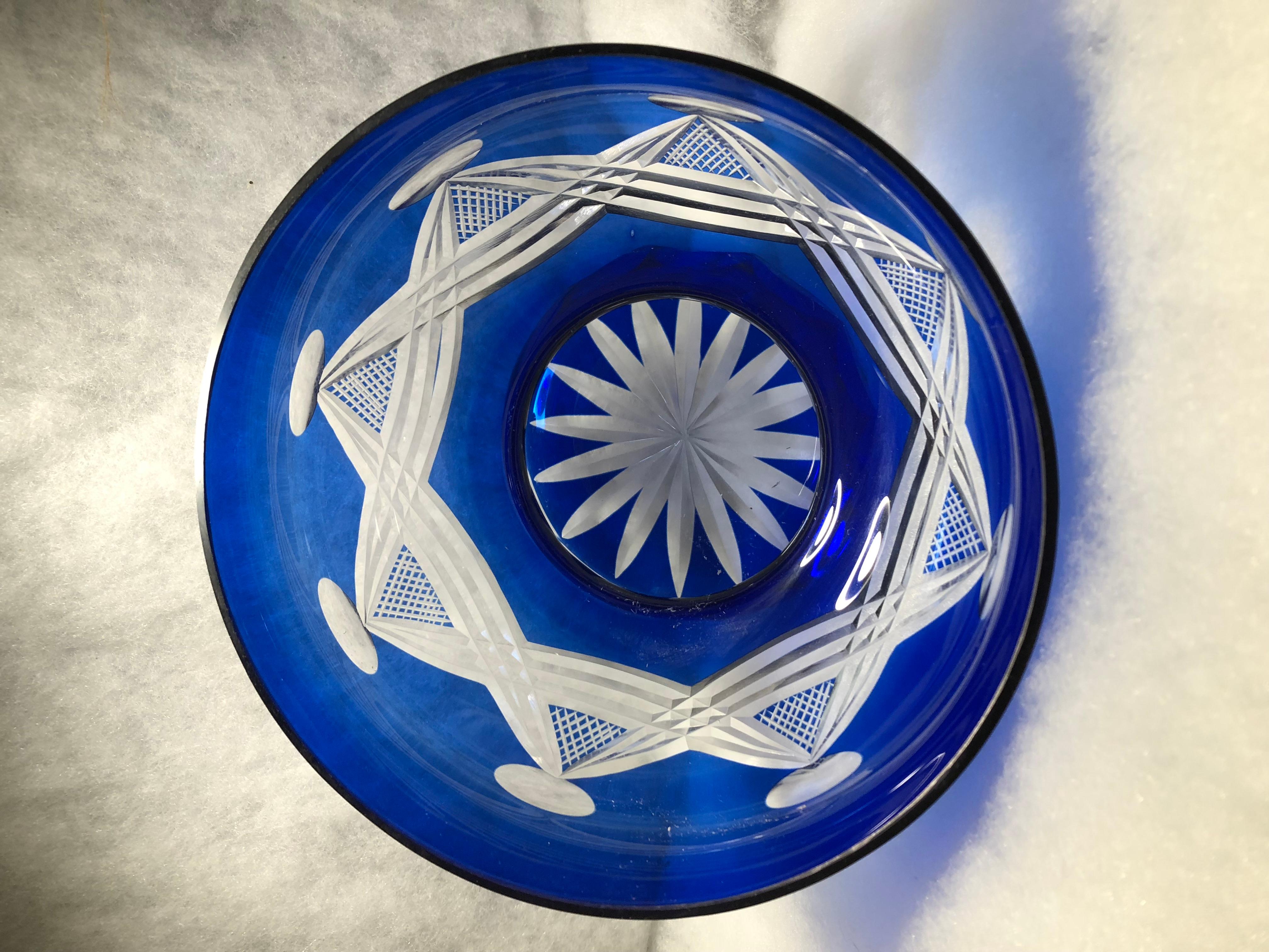 Cobalt Blue Cut to Clear Glass Bowl 1