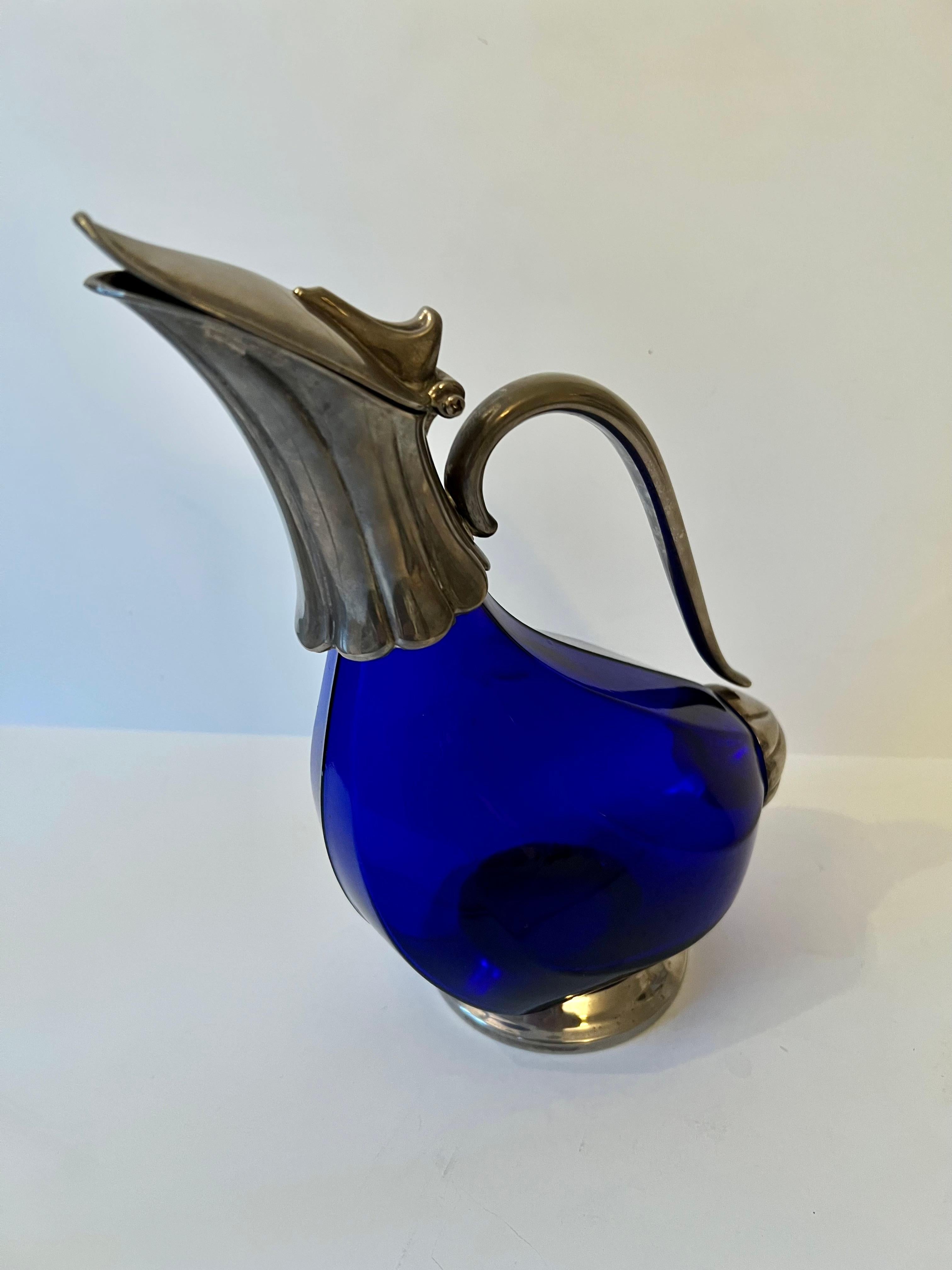 Mid-Century Modern Cobalt Blue Decanter with Handle and Covered Spout For Sale
