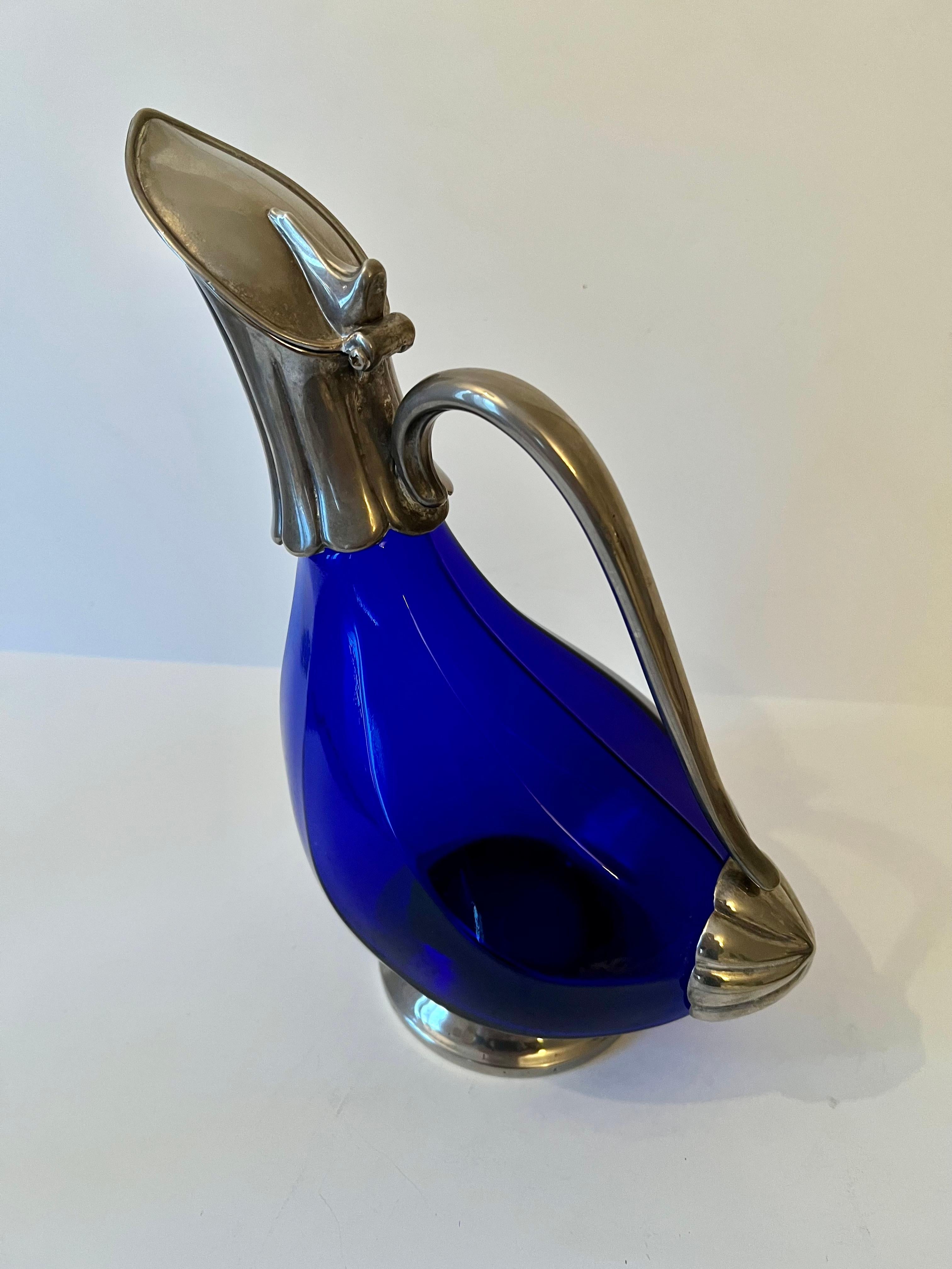 Patinated Cobalt Blue Decanter with Handle and Covered Spout For Sale