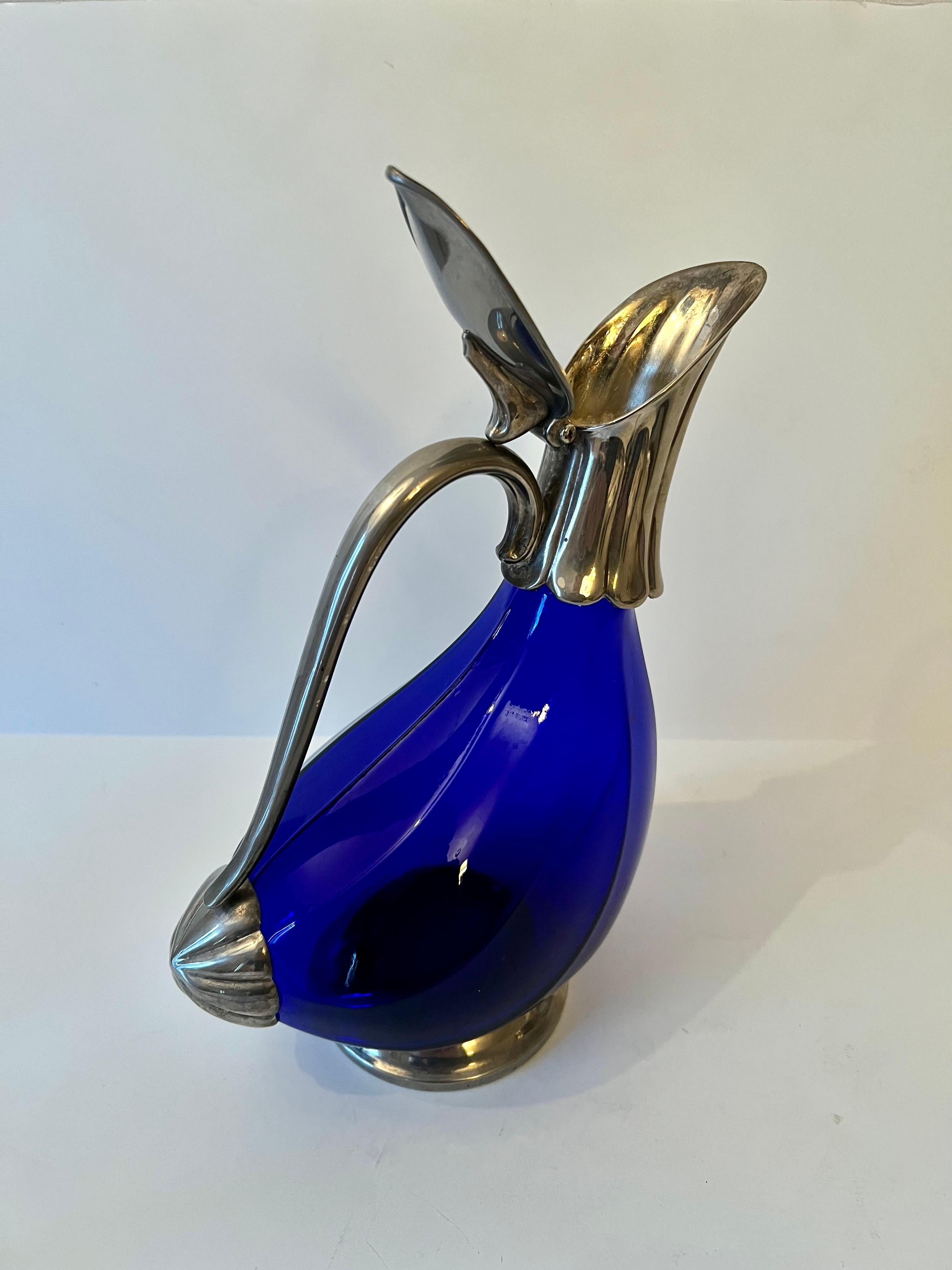 Glass Cobalt Blue Decanter with Handle and Covered Spout For Sale