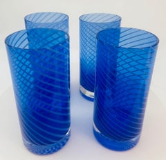 Cobalt Blue Drinking Glasses Set of 4 Spiral Tumblers 1980s