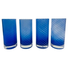 Cobalt Blue Drinking Glasses Set of 4 Spiral Tumblers 1980s