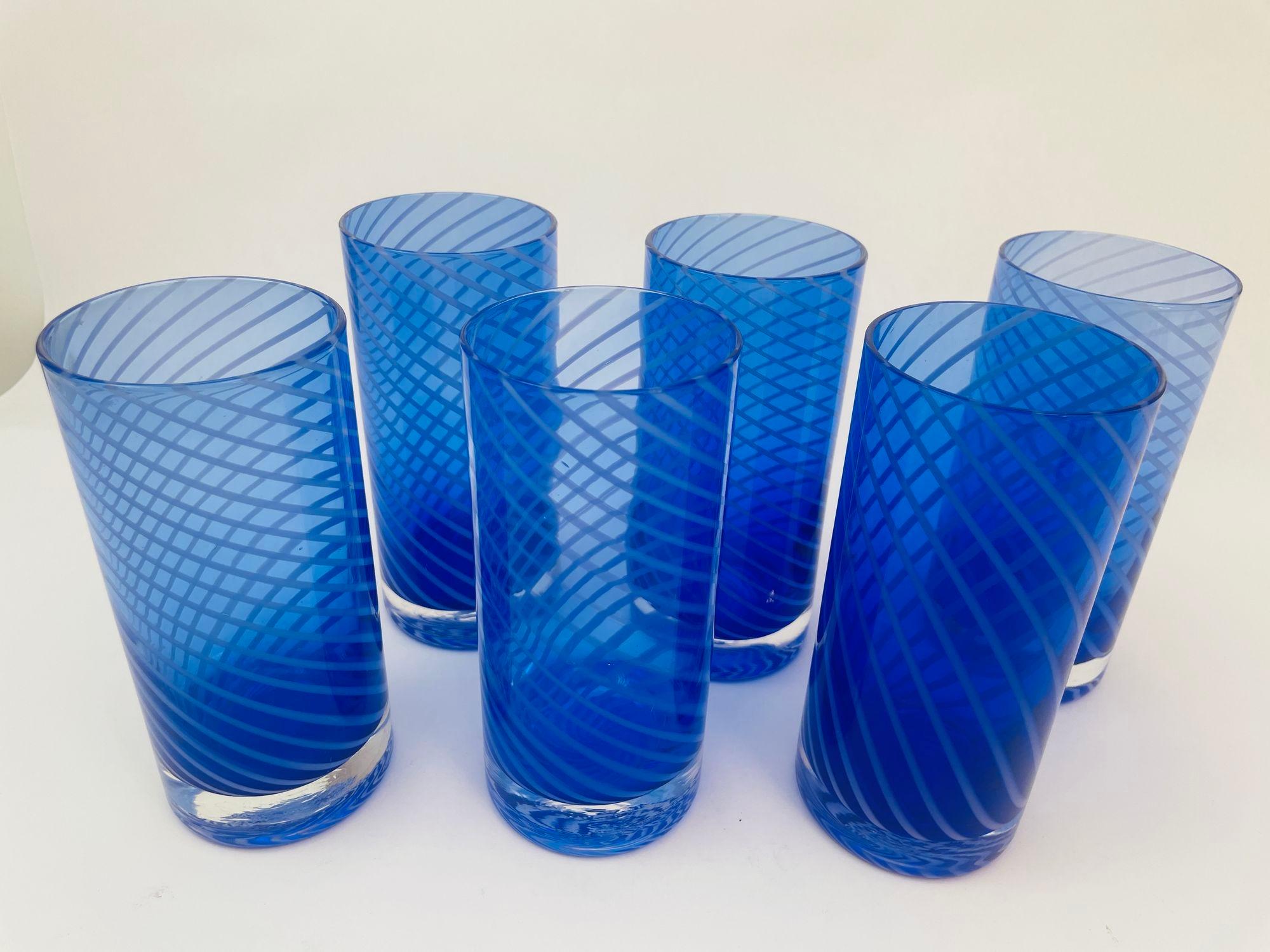 Post-Modern Cobalt Blue Drinking Glasses Set of 6 Spiral Italian Tumblers 1980s