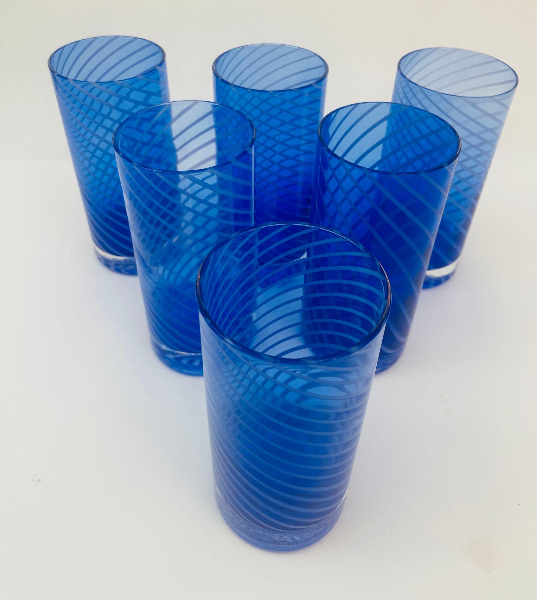 Hand-Crafted Cobalt Blue Drinking Glasses Set of 6 Spiral Italian Tumblers 1980s