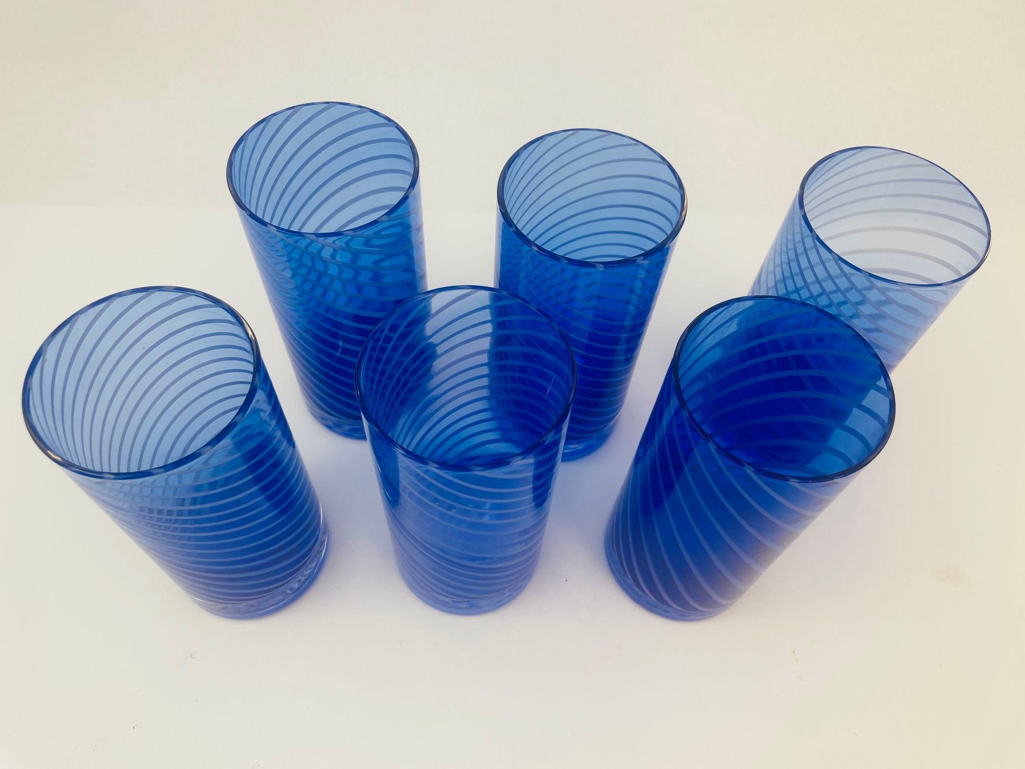 Cobalt Blue Drinking Glasses Set of 6 Spiral Italian Tumblers 1980s In Good Condition In North Hollywood, CA