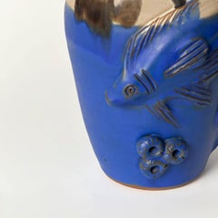 Cobalt Blue Drip-Glaze Studio Pottery Vase with Marine Relief, England, 1980s