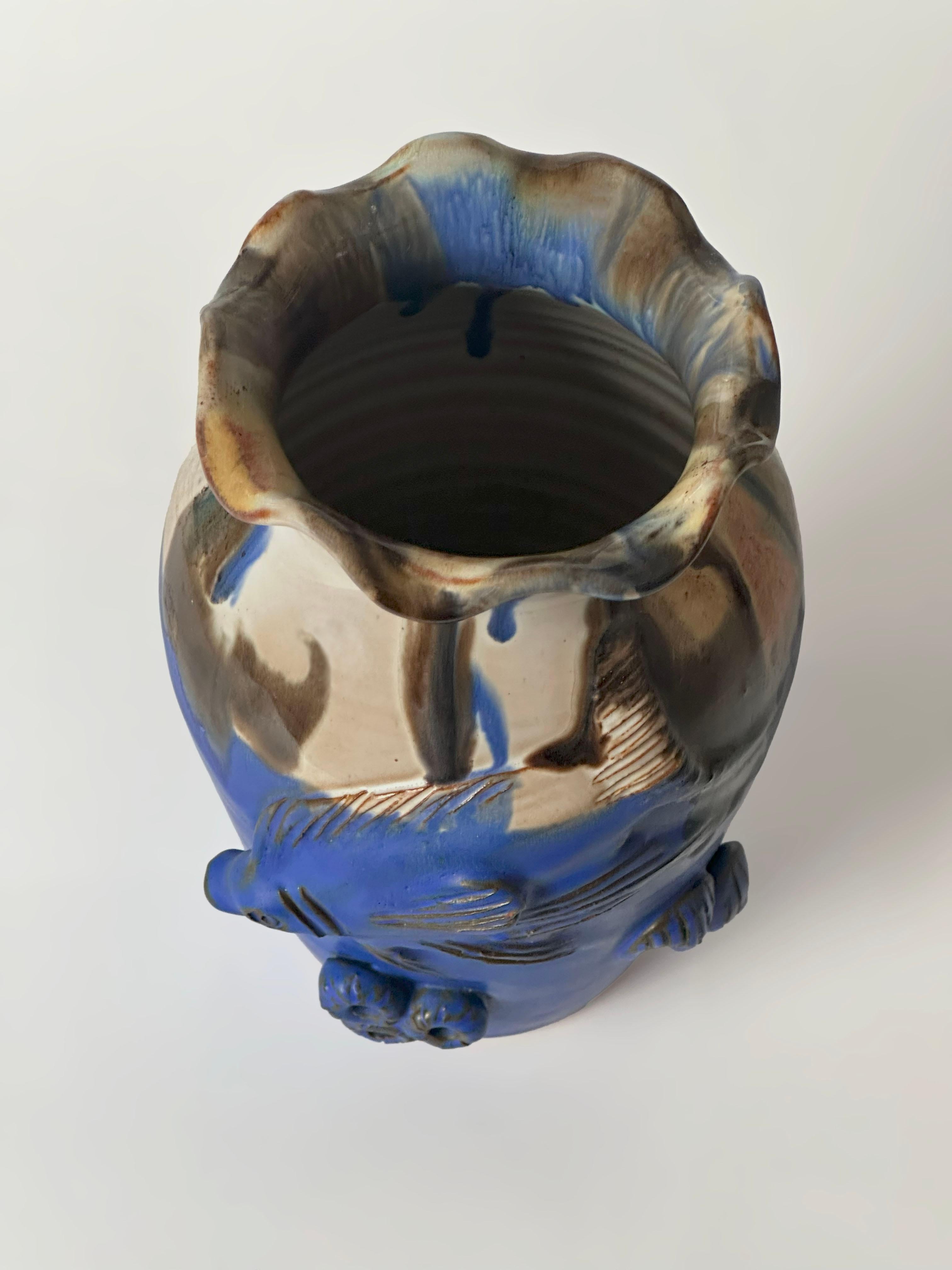 Art Nouveau Cobalt Blue Drip-Glaze Studio Pottery Vase with Marine Relief, England, 1980s For Sale