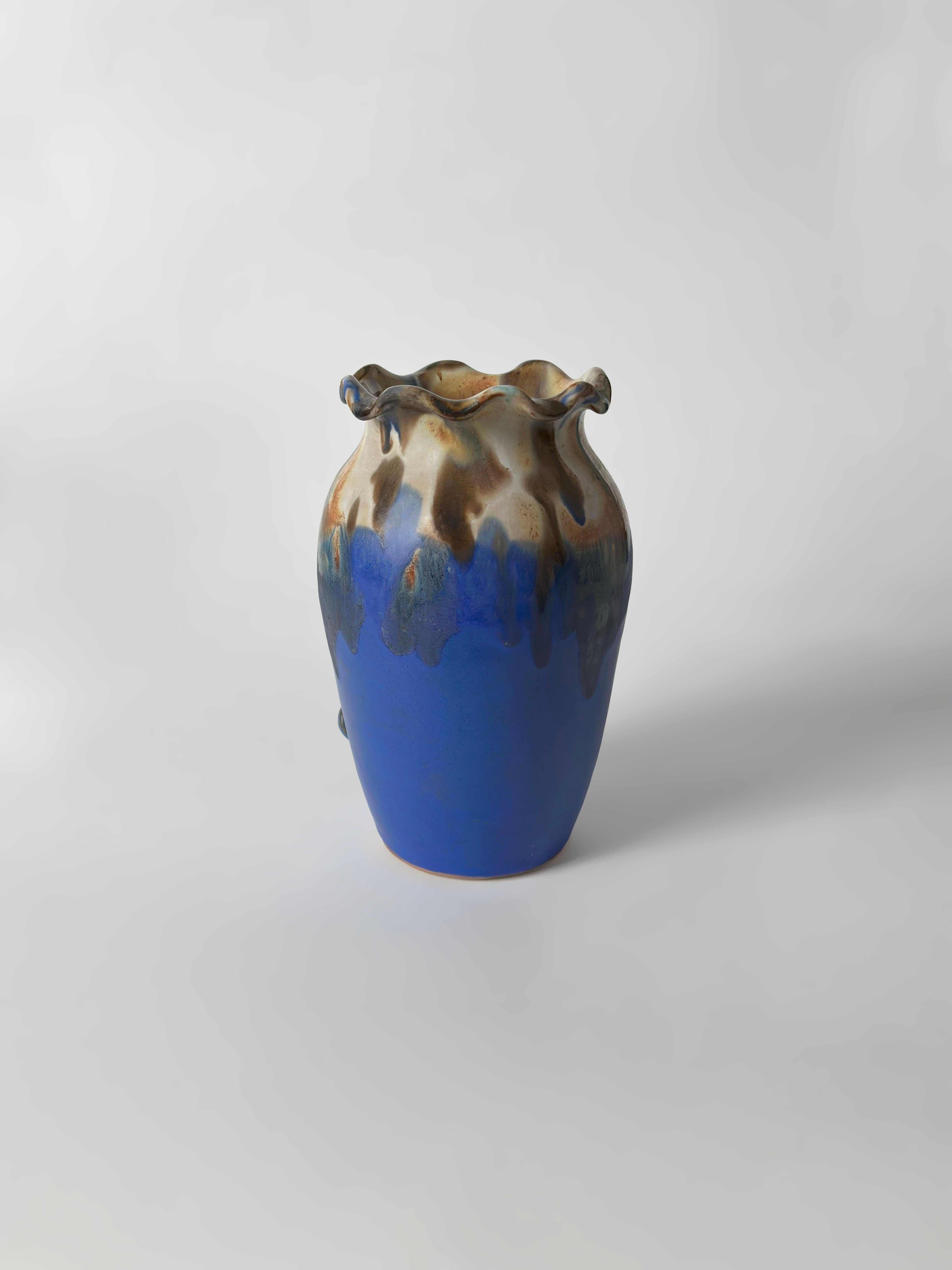 British Cobalt Blue Drip-Glaze Studio Pottery Vase with Marine Relief, England, 1980s For Sale