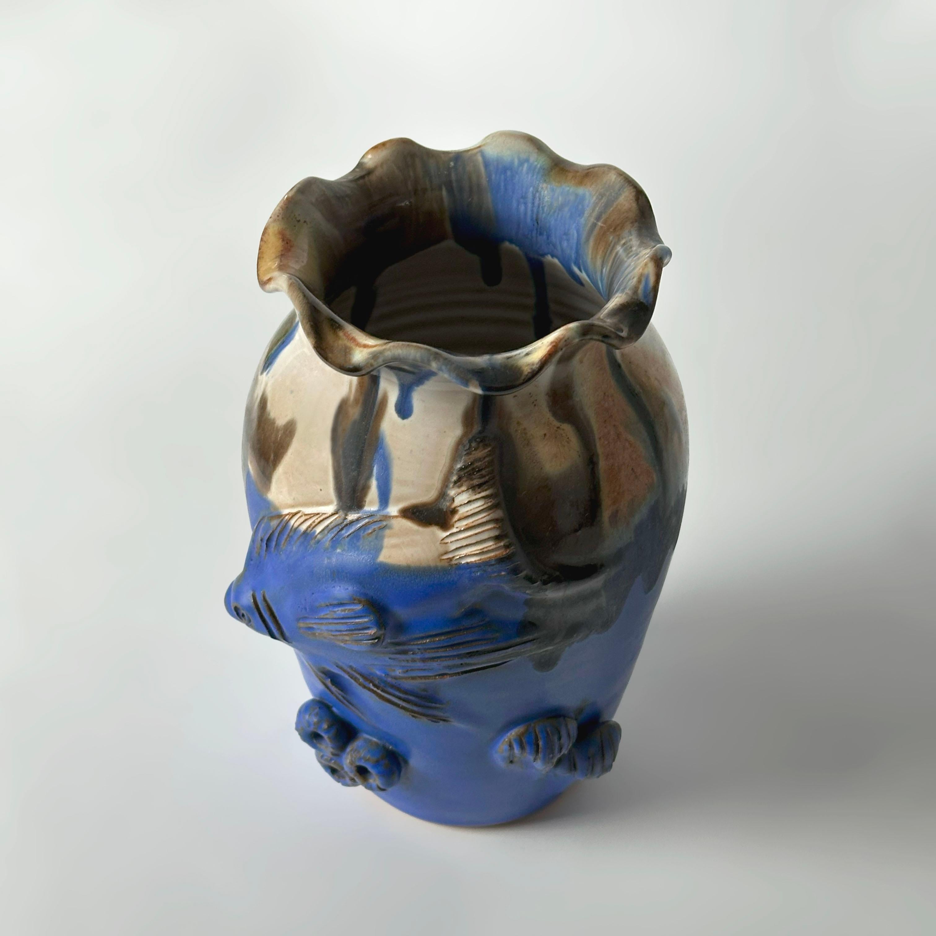 Fired Cobalt Blue Drip-Glaze Studio Pottery Vase with Marine Relief, England, 1980s For Sale