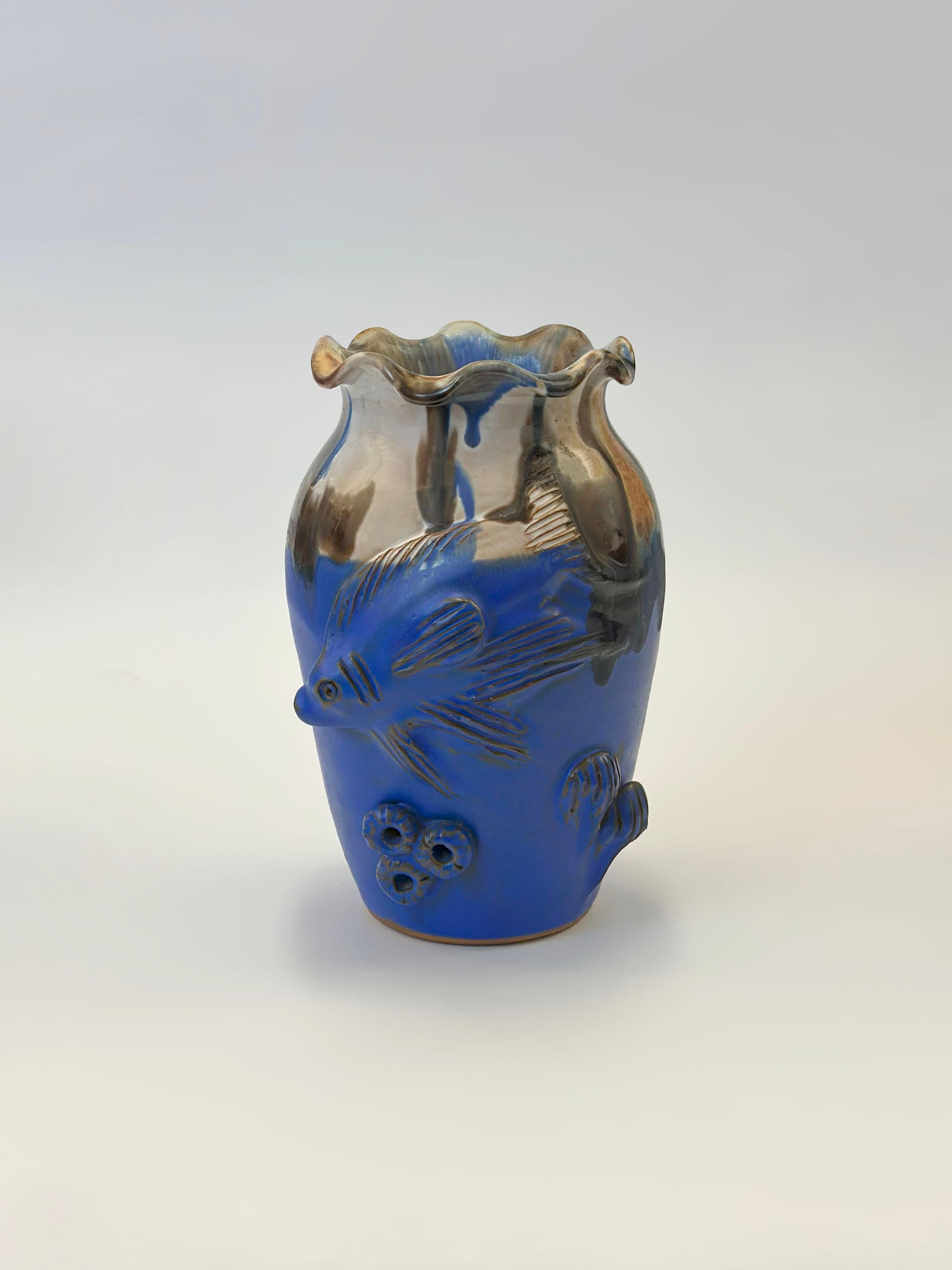 Cobalt Blue Drip-Glaze Studio Pottery Vase with Marine Relief, England, 1980s In Good Condition For Sale In Glasgow, GB