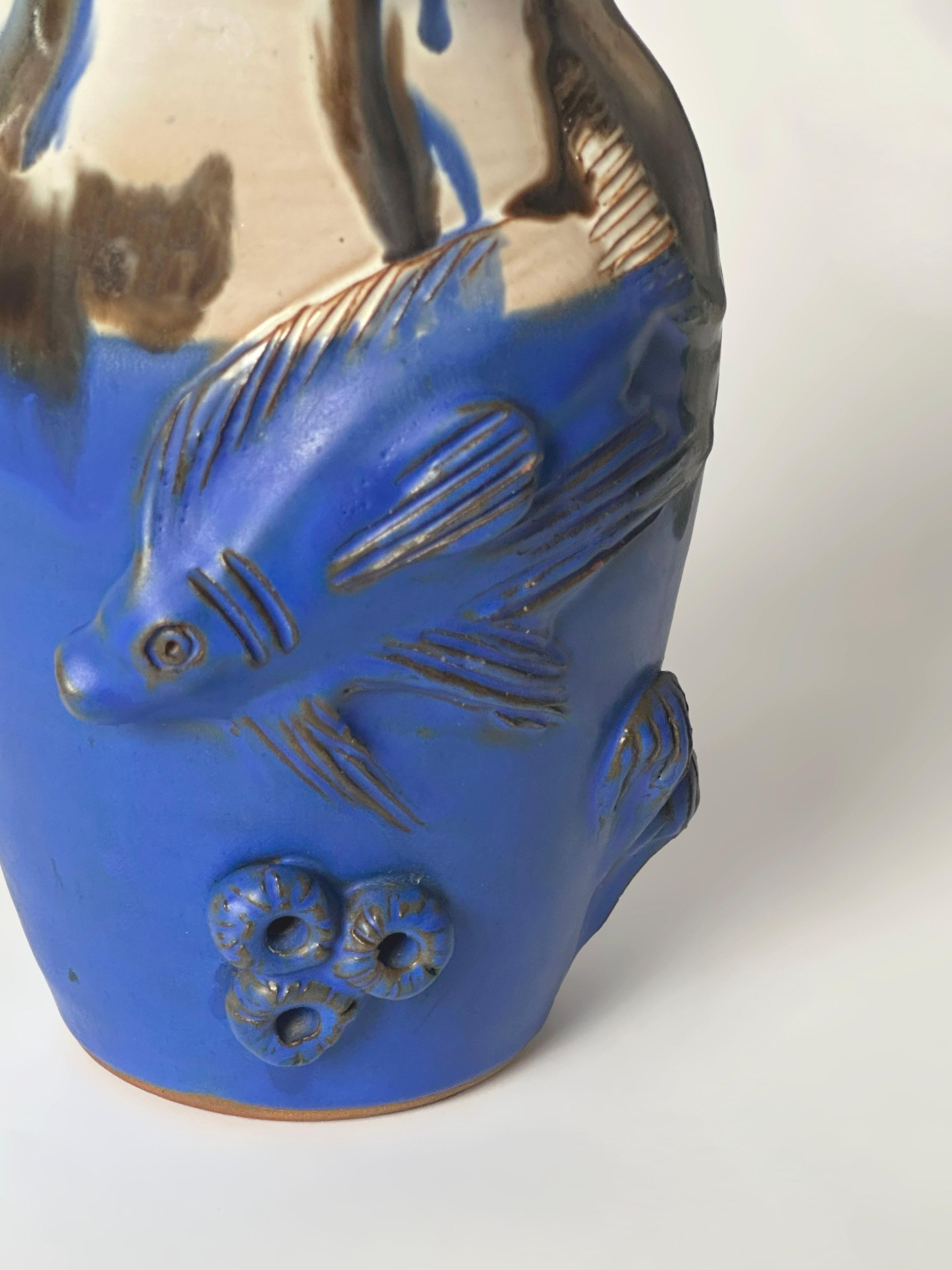 20th Century Cobalt Blue Drip-Glaze Studio Pottery Vase with Marine Relief, England, 1980s For Sale