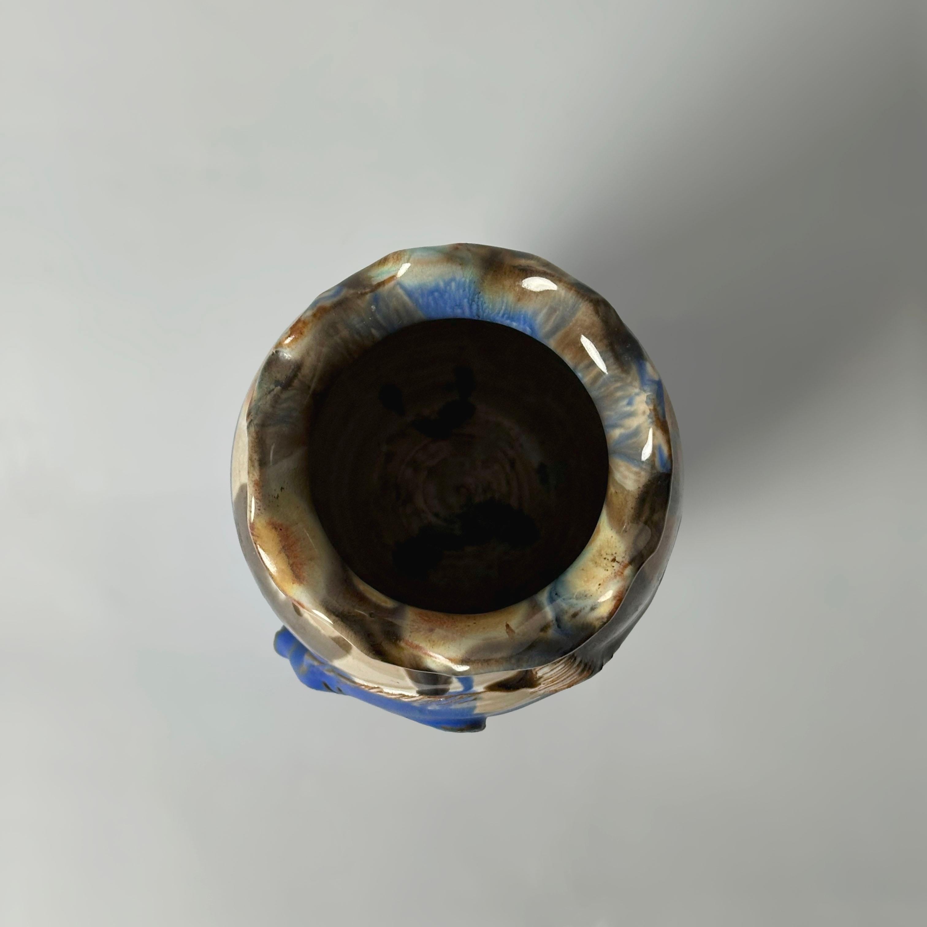 Terracotta Cobalt Blue Drip-Glaze Studio Pottery Vase with Marine Relief, England, 1980s For Sale