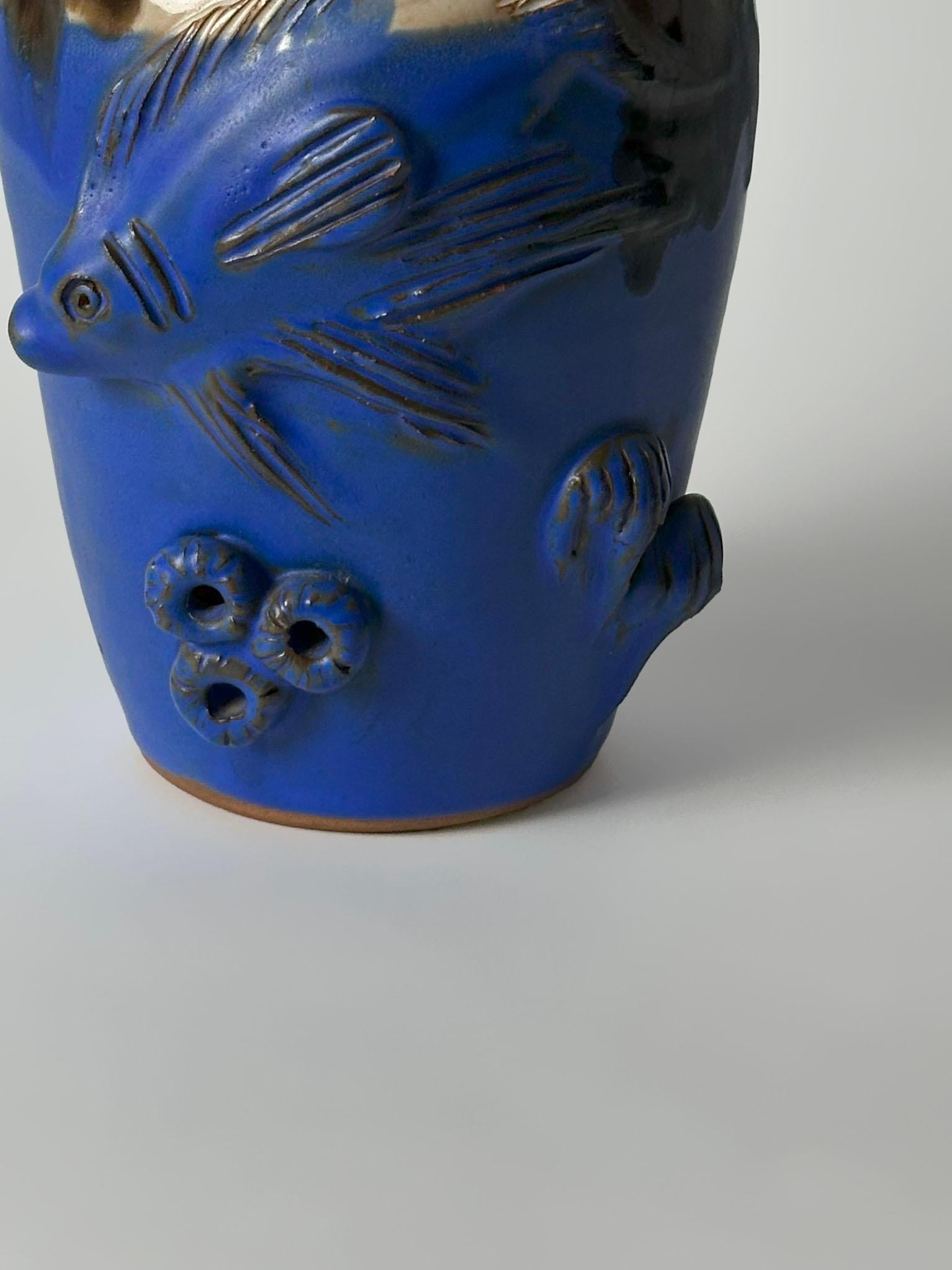 Cobalt Blue Drip-Glaze Studio Pottery Vase with Marine Relief, England, 1980s For Sale 1