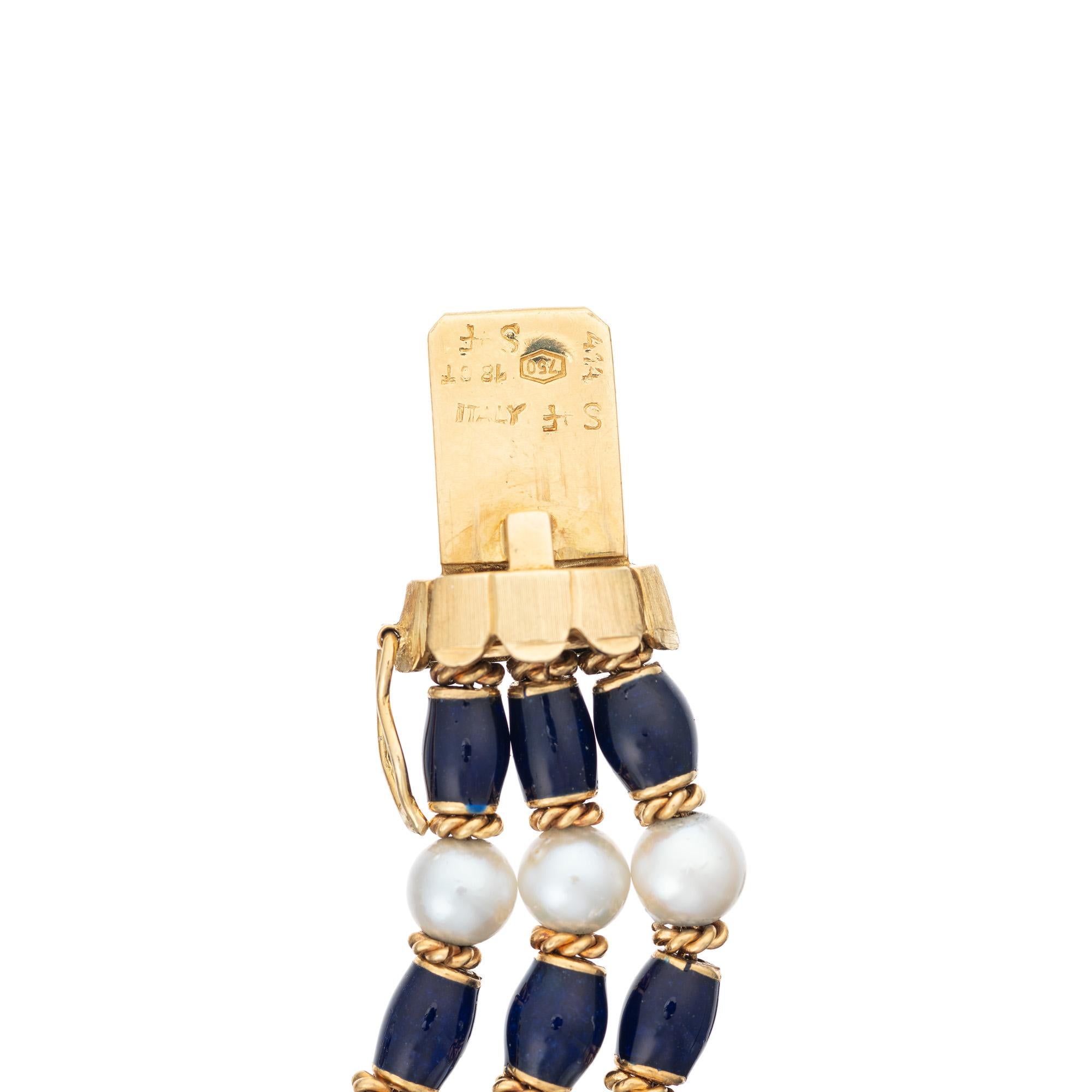 Donna Bracciale in oro con smalto blu cobalto e perle coltivate a 3 file in vendita