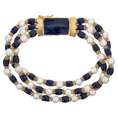 Cobalt Blue Enamel 3 Row Cultured Pearl Gold Bracelet