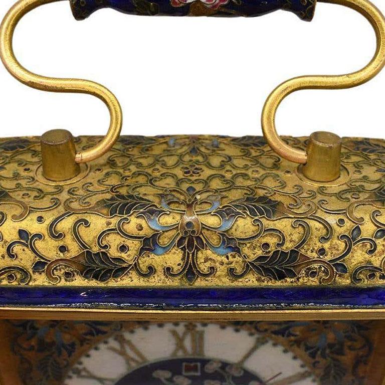 American Cobalt Blue Enameled Cloisonne Carriage or Mantle Clock with Carrying Handles